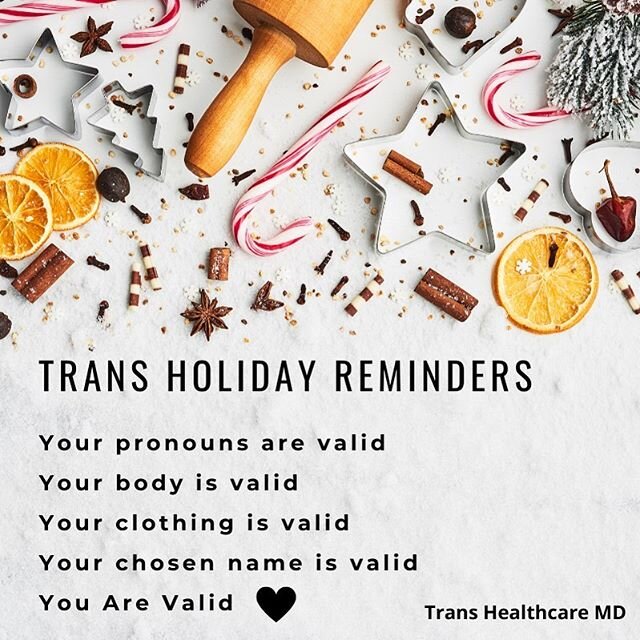 Trans Holiday Reminders:

Your pronouns are valid
Your body is valid
Your clothing is valid
Your chosen name is valid 
You Are Valid [Off-white textured background with a tan rolling pin, candy canes, round orange slices, a pine cone, assorted cookie