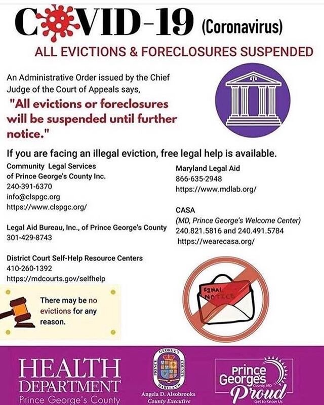 From the Prince George&rsquo;s County Executive Angela Alsobrooks and the @pgchealth .
.
&ldquo;All evictions and foreclosures will be suspended until further notice&rdquo;
.
.
Orgs to call if you are facing an illegal eviction (landlords can and lik