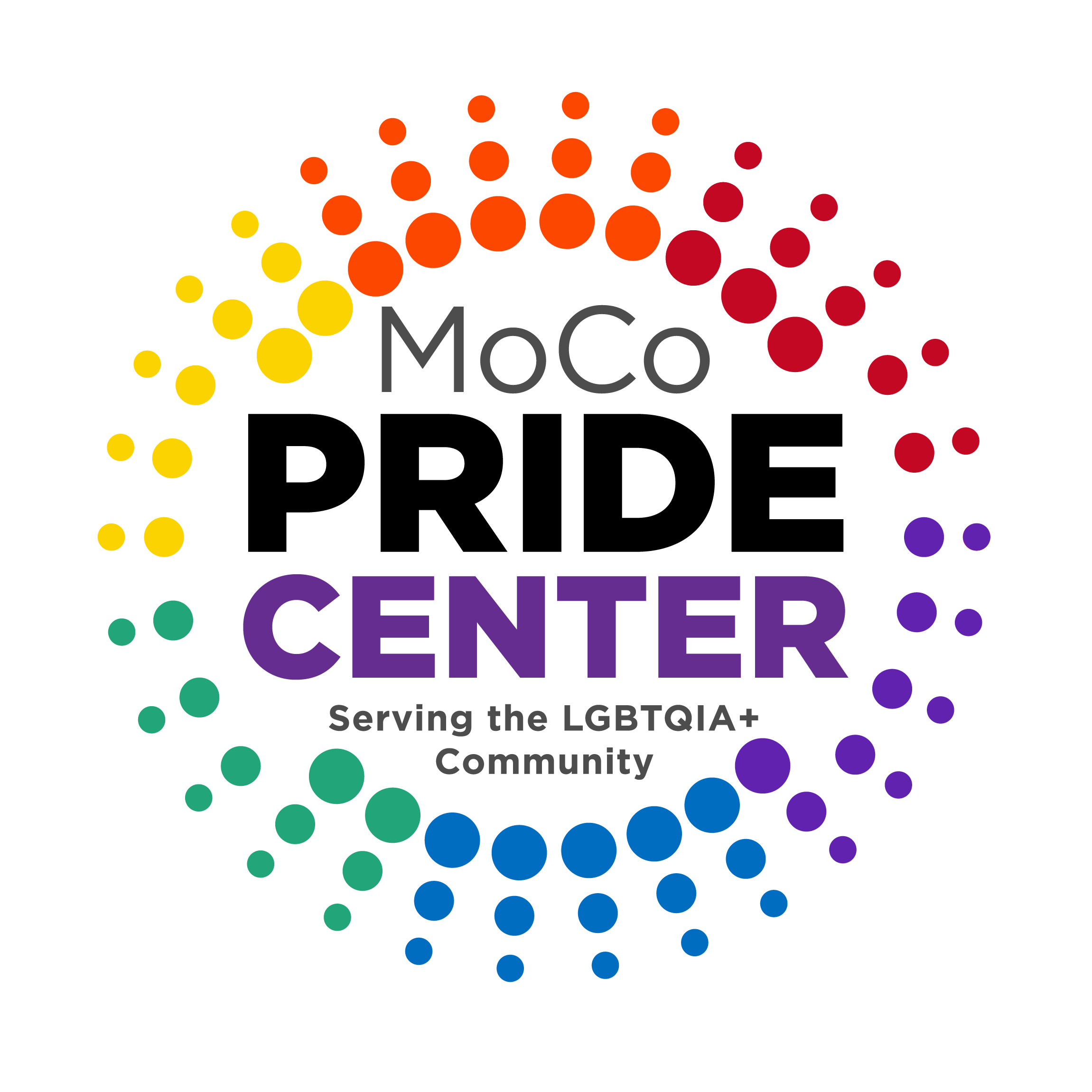 The MoCo Pride Center Logo with text reading MoCo Pride Center Serving the LGBTQIA+ Community