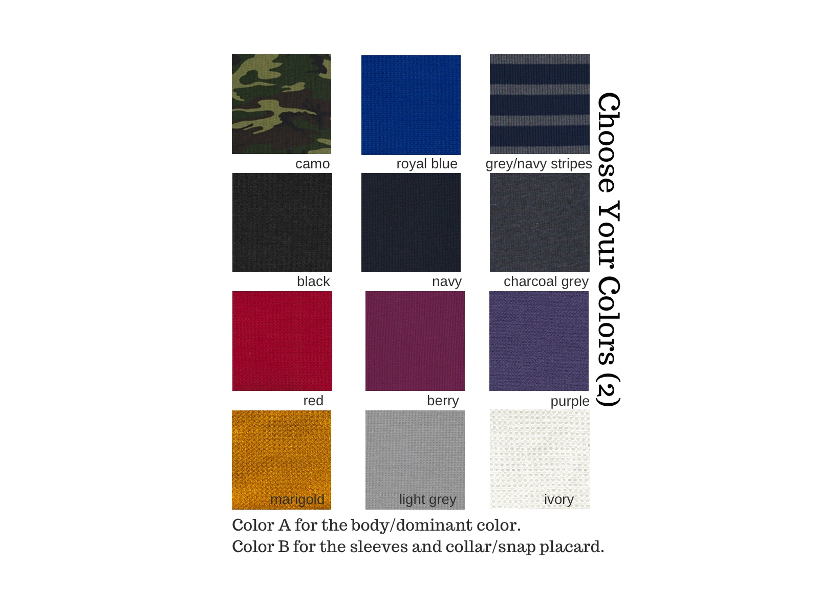 Color A for the body_dominant color. Color B for the sleeves and collar_snap placard-4.jpg