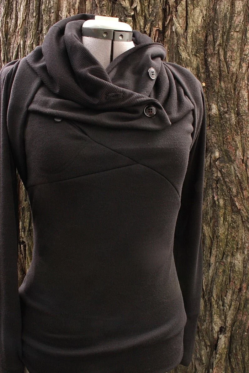 Simple black hooded cowl sweater. — Sew Moe