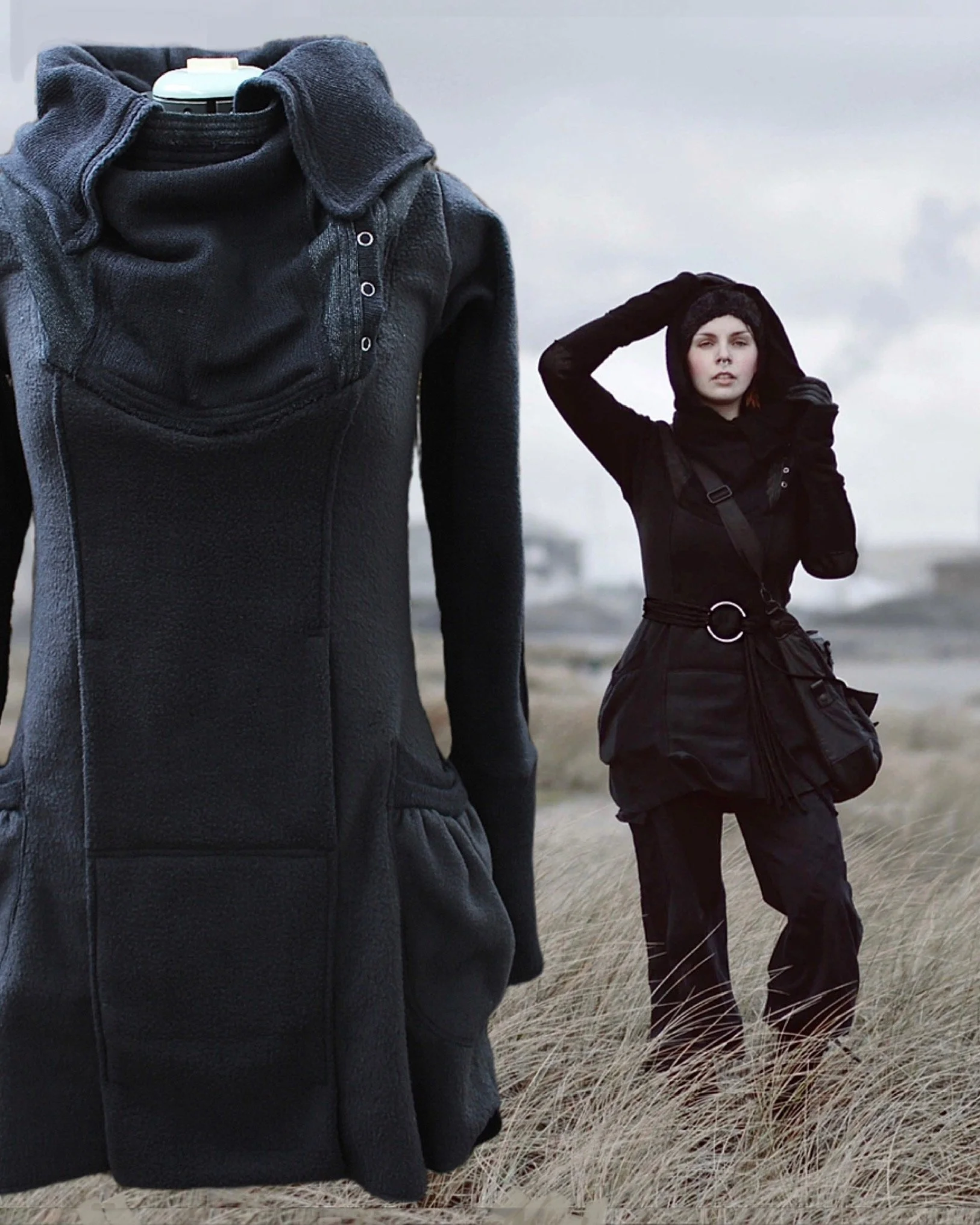 Black fleece pocket dress, the Brunhilda.