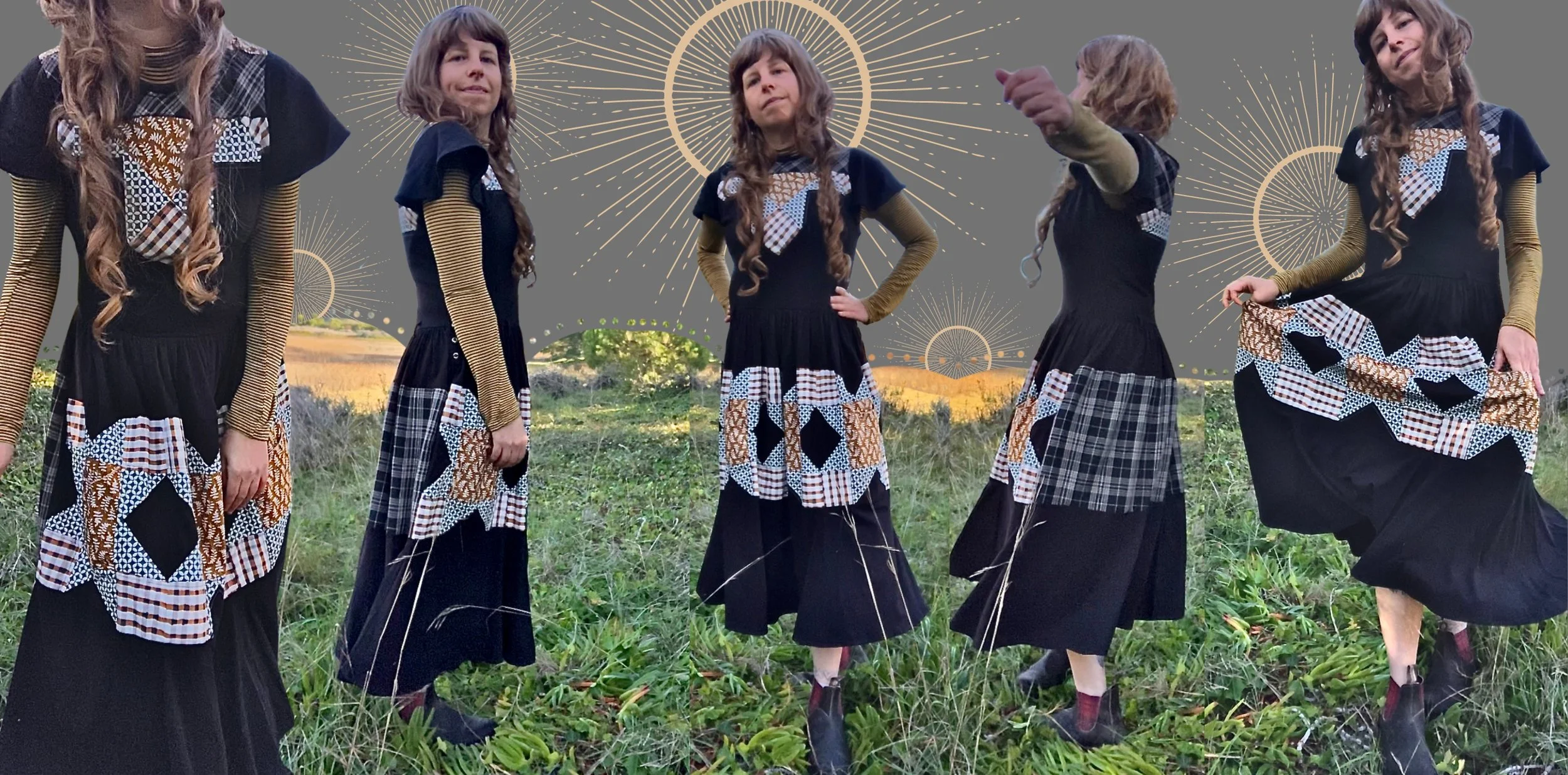 Flowy black quilt dress. Bamboo knit dress with pockets.