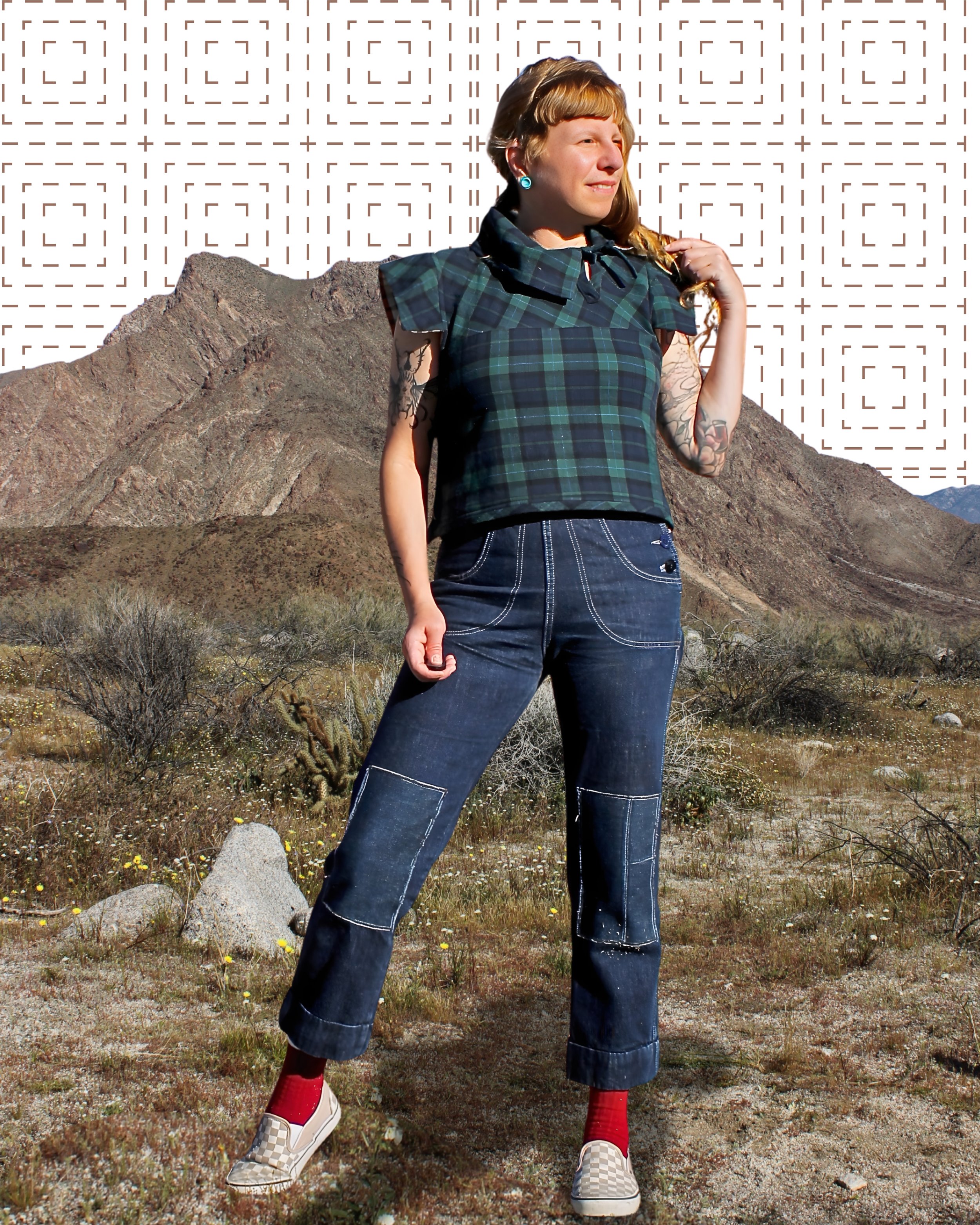 Blue and green plaid Bow Blouse.