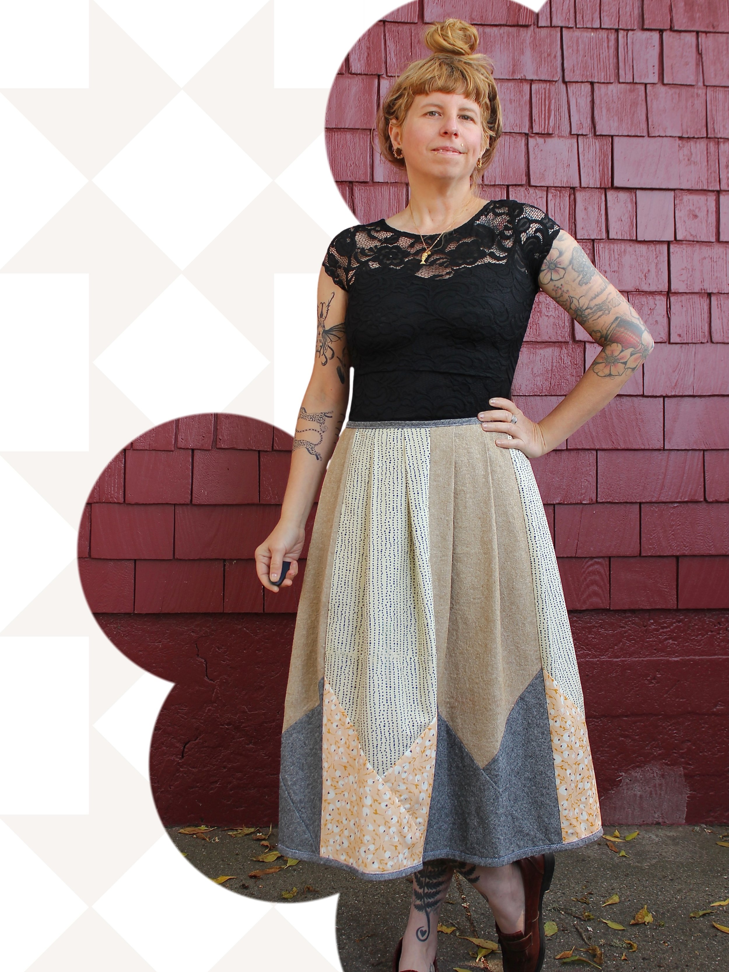 Ribbon Star quilt skirt, linen and cotton. Wrap skirt with adjustable waist, choose your length.