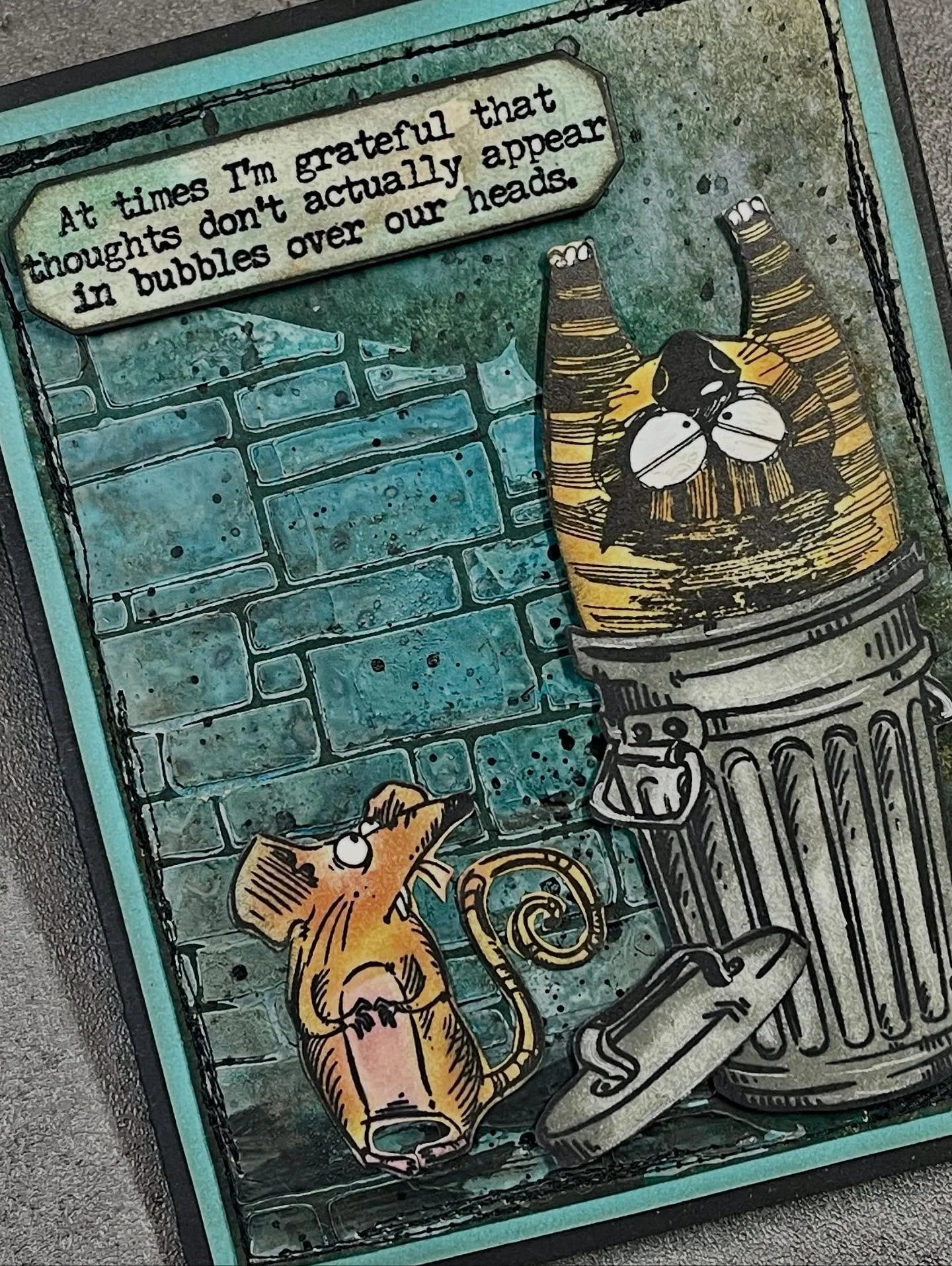 Inspired by @papercraft_ting&mdash;loved the idea of adding a trash can to the scene! The @katzelkraft rats fit right in, and of course, the snarky cats from Tim Holtz complete the chaos. Such a fun project! 🐀🐱🗑️
 
#cardmaking #papercraft #handmad