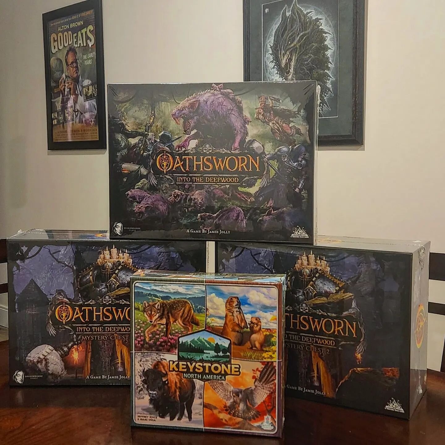 So a packaged arrived today and it was Keystone! But then another packaged arrived. A heavy one. Oathsworn also decided to show up. Thanks to @rosegauntlet and @shadowbornegamesllc , I dub today &quot;Amazing First Game Day&quot;.
.
.
.
.
#boardgames