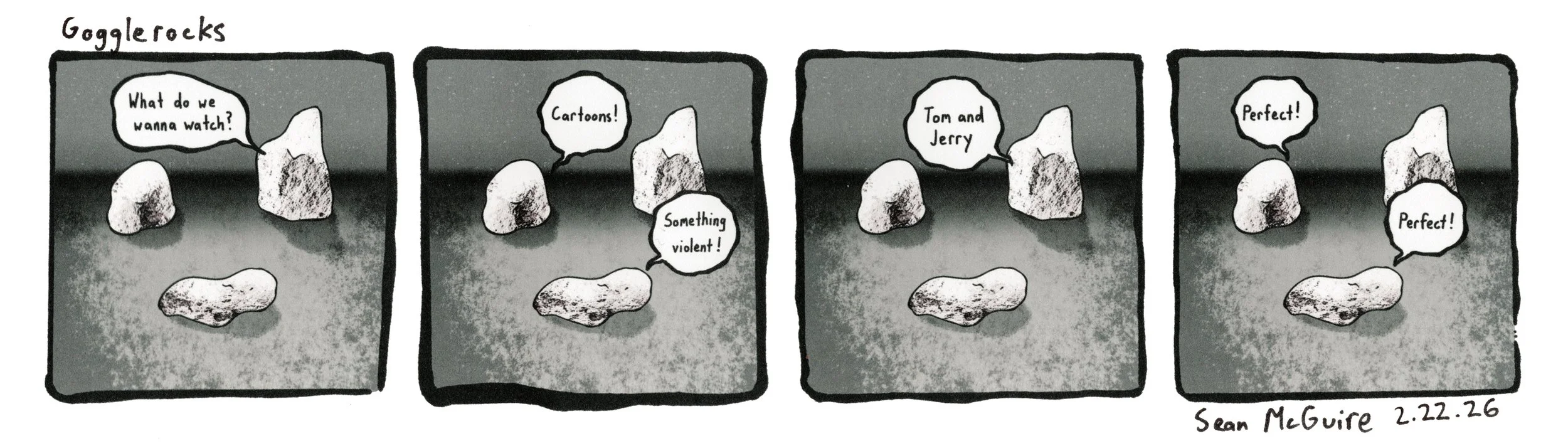 3 rocks |Gogglerocks | What do we wanna watch? |Cartoons|something violent |Tom and Jerry| Perfect| Sean McGuire| Gogglebox | three rocks figuring out what to watch |comic strip |weekly comic |indie comic| webcomic