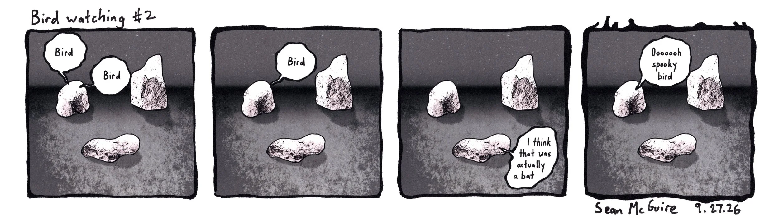 3 rocks |Bird watching #2 |One rock is spotting birds and just describing them as "bird" |I think that was actually a bat |Oooh spooky bird| Sean McGuire |three rock comics| comic strip |weekly comic |indie comic |web comic