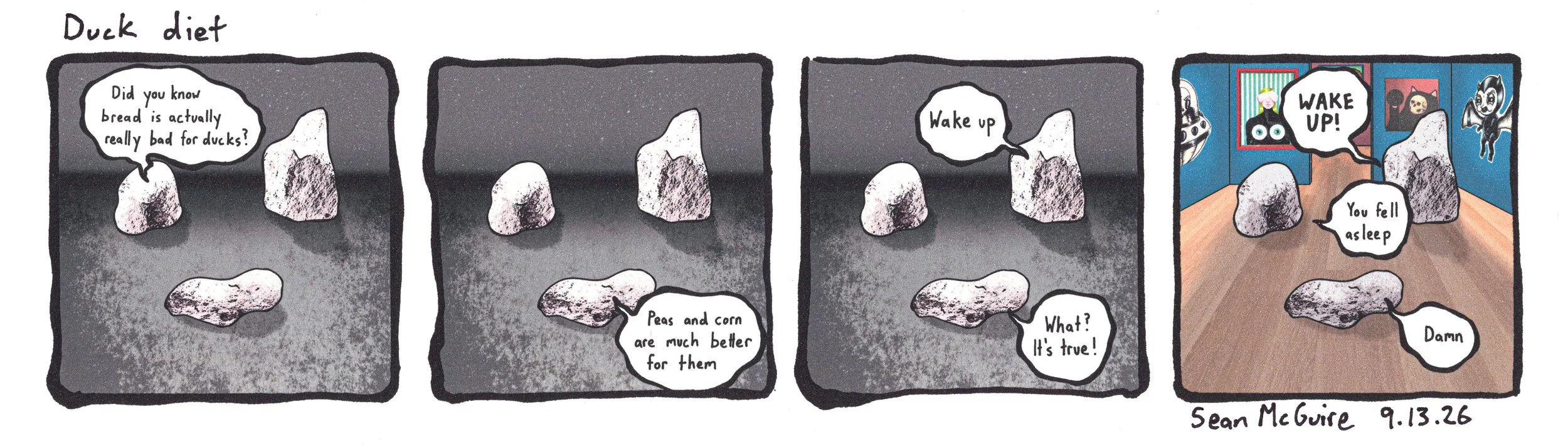 3 rocks are in vacant landscape| duck diet| did you know bread is actually really bad for ducks?| Peas and corn are much better for them| wake up| what it's true| they wake up still in the museum| wake up| you fell asleep| damn| sean mcguire