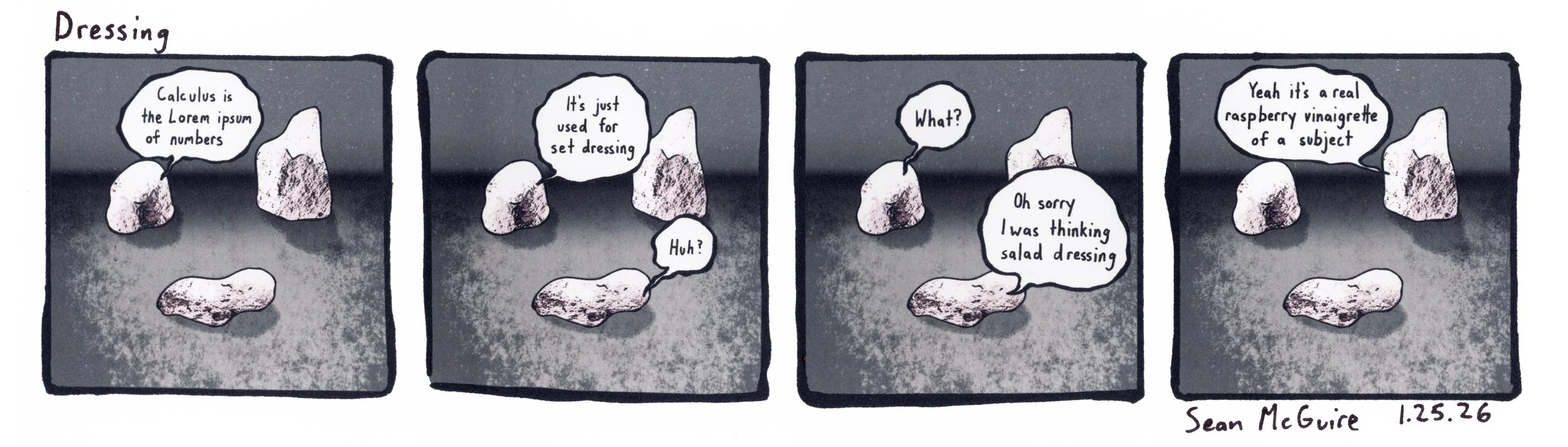 3 rocks| dressing| calculus is the lorem ipsum of numbers| It's just used for set dressing| huh?| What?| sorry I was thinking salad dressing| yeah it's a real raspberry vinaigrette of a subject| Sean McGuire| weekly comic strip