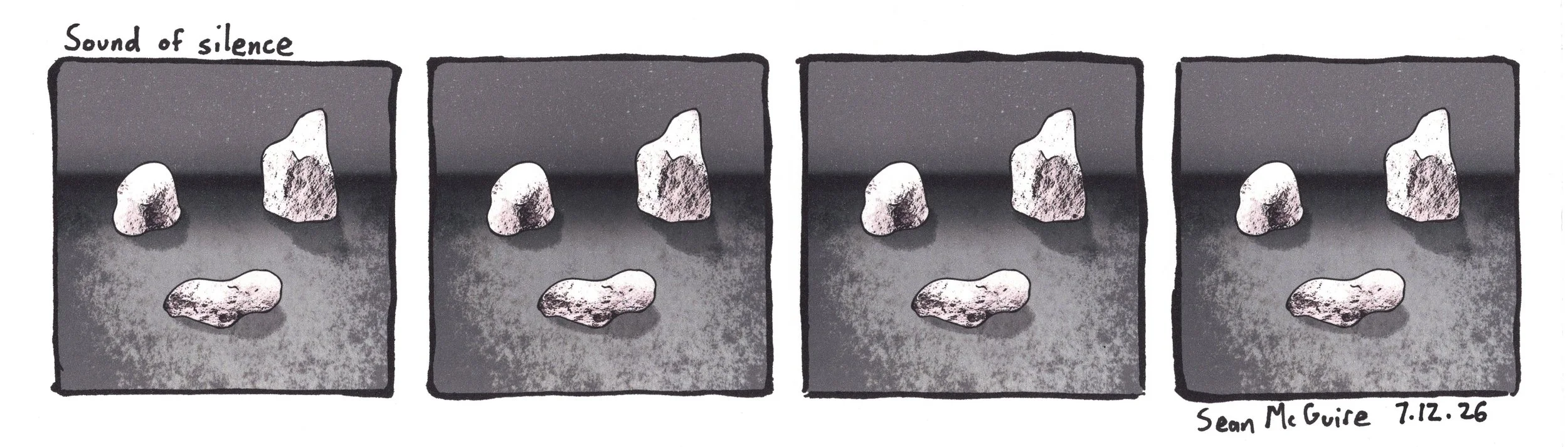 3 rocks| Sound of silence| three rocks sit in a vacant landscaping not saying anything| rocks can't always be talking| Sean McGuire| web comic| indie comic| weekly comic strip | rock comic strip