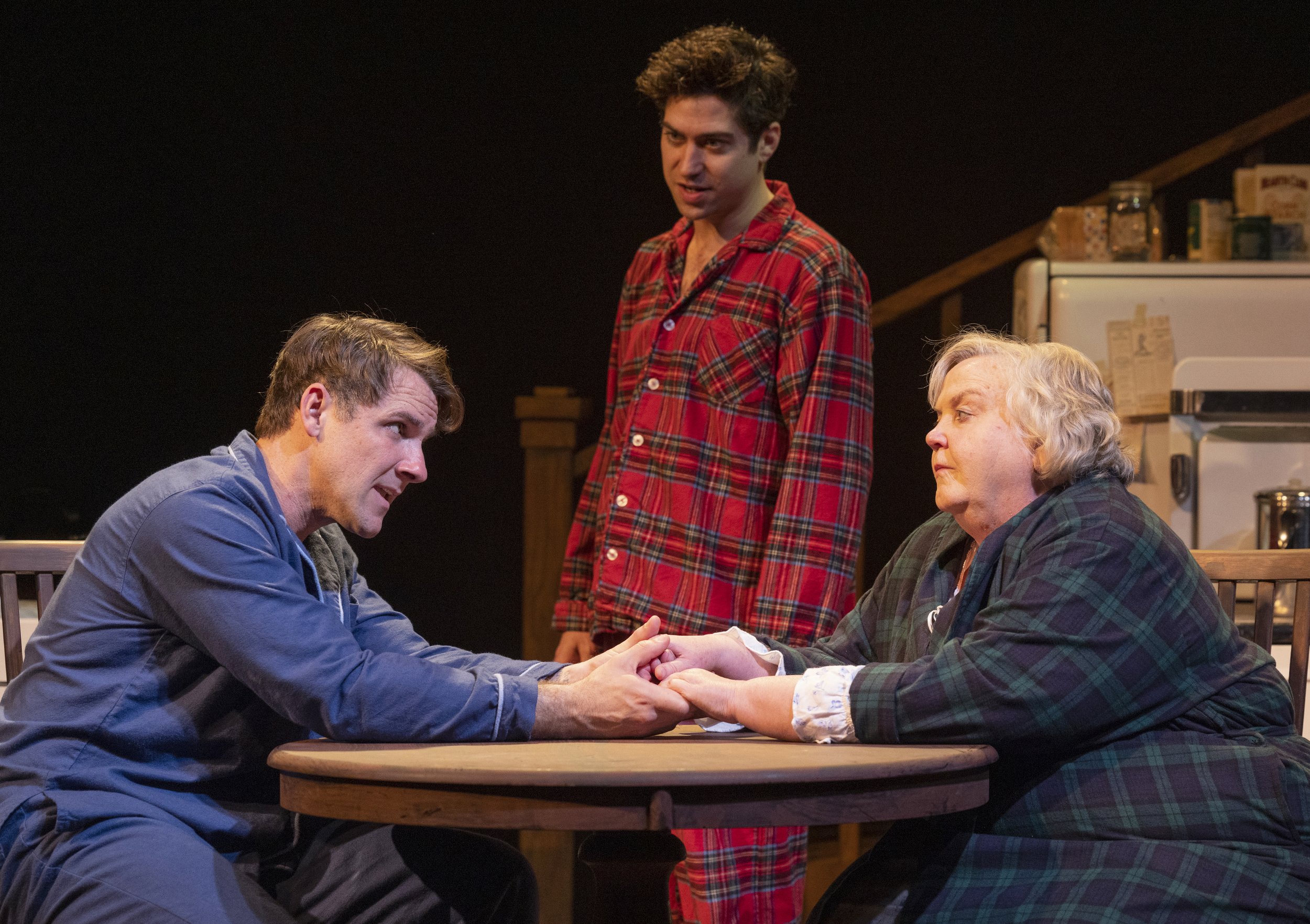 Christopher Johnson as Biff, Hunter Hnat as Happy and Cynthia Meier as Linda. Photo by Tim Fuller.