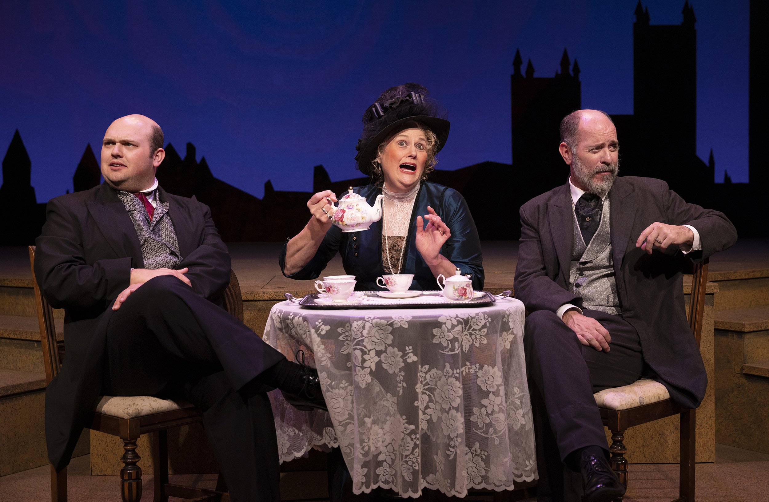 Tyler Page  as Hugh Whitbread, Teri Lee Thomas as Lady Millicent Bruton, and Michael Levin as Richard Dalloway. Photo by Tim Fuller.