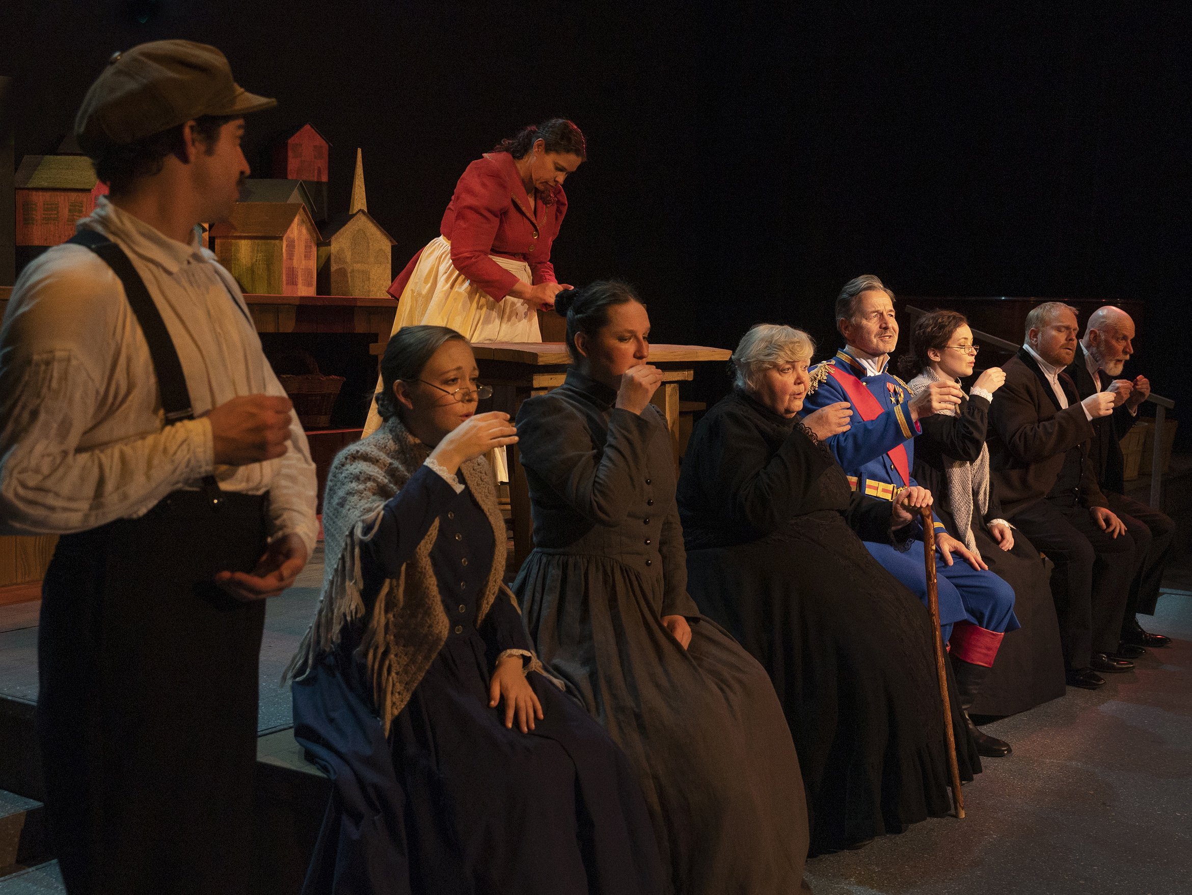 Babette’s Feast. Hunter Hnat, Kate Scally, Carley Elizabeth Preston, Shannon Elias, Cynthia Meier, David Greenwood, Bryn Booth, Dennis Tamblyn and Jim Fye. Photo by Tim Fuller.