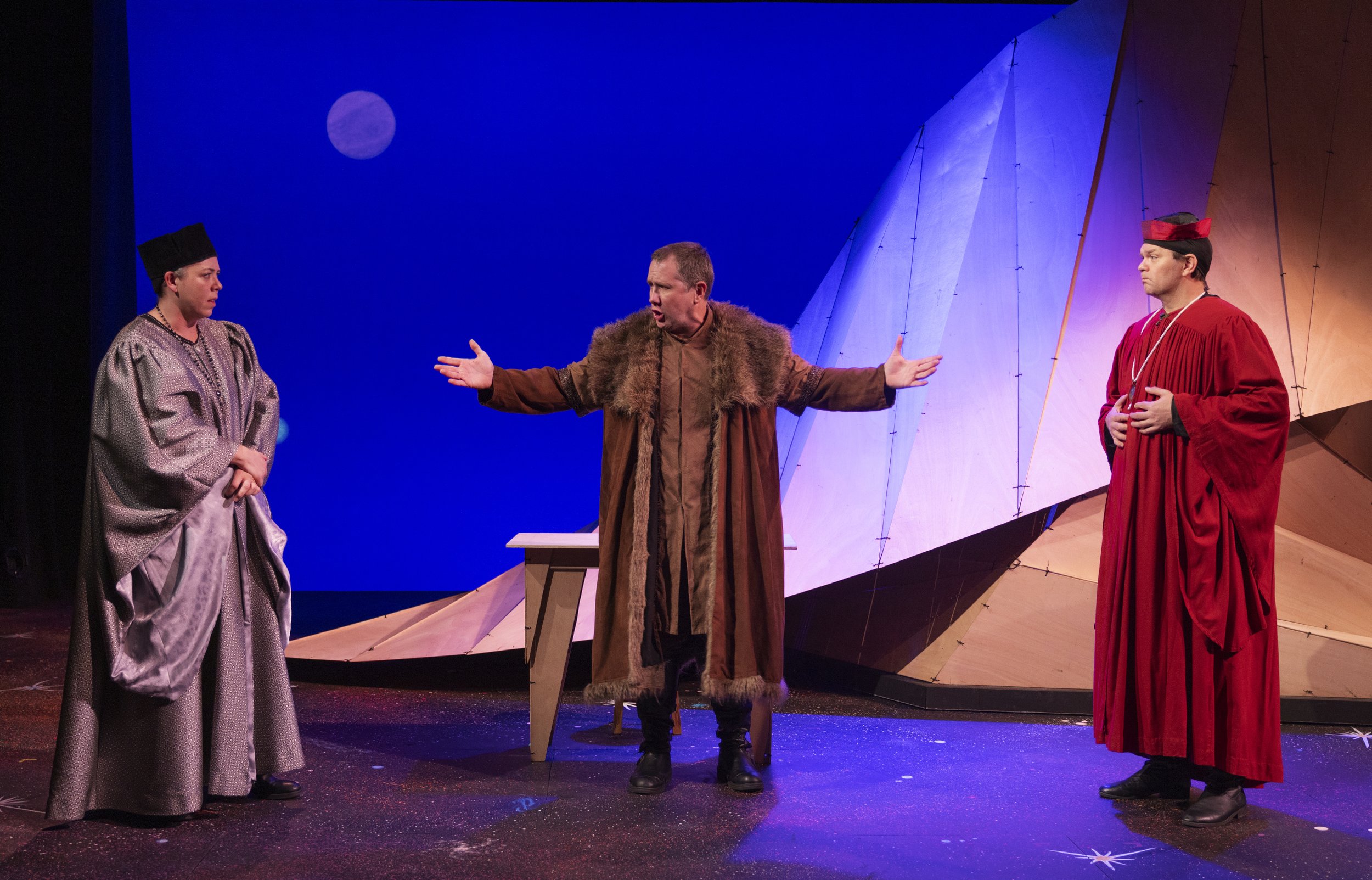 Chelsea Bowdren as Obsle, Matt Walley as Estraven, and Ryan Parker Knox as Yegey. Photo courtesy of Tim Fuller.