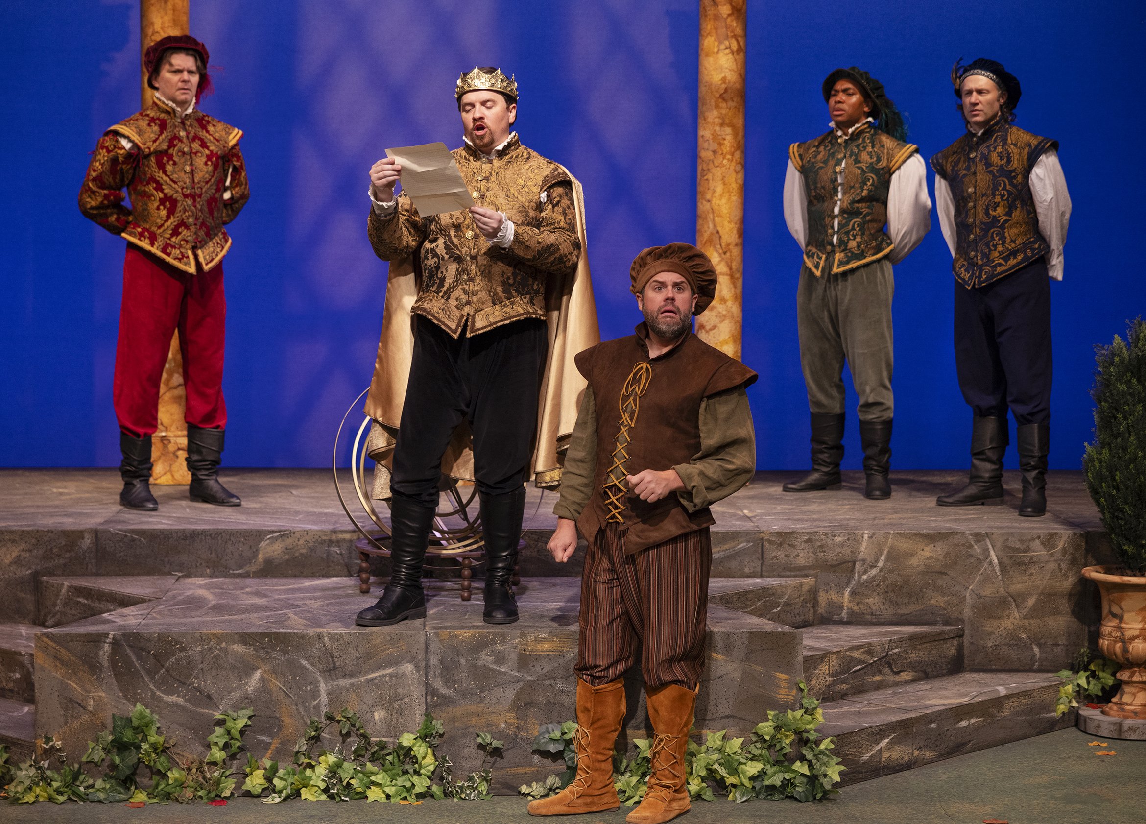 Ryan Parker Knox as Berowne, Aaron Shand as the King of Navarre, Evan Werner as Costard, Jeffrey Baden as Longaville, and Robert Anthony Peters as Dumain. Photo by Tim Fuller.