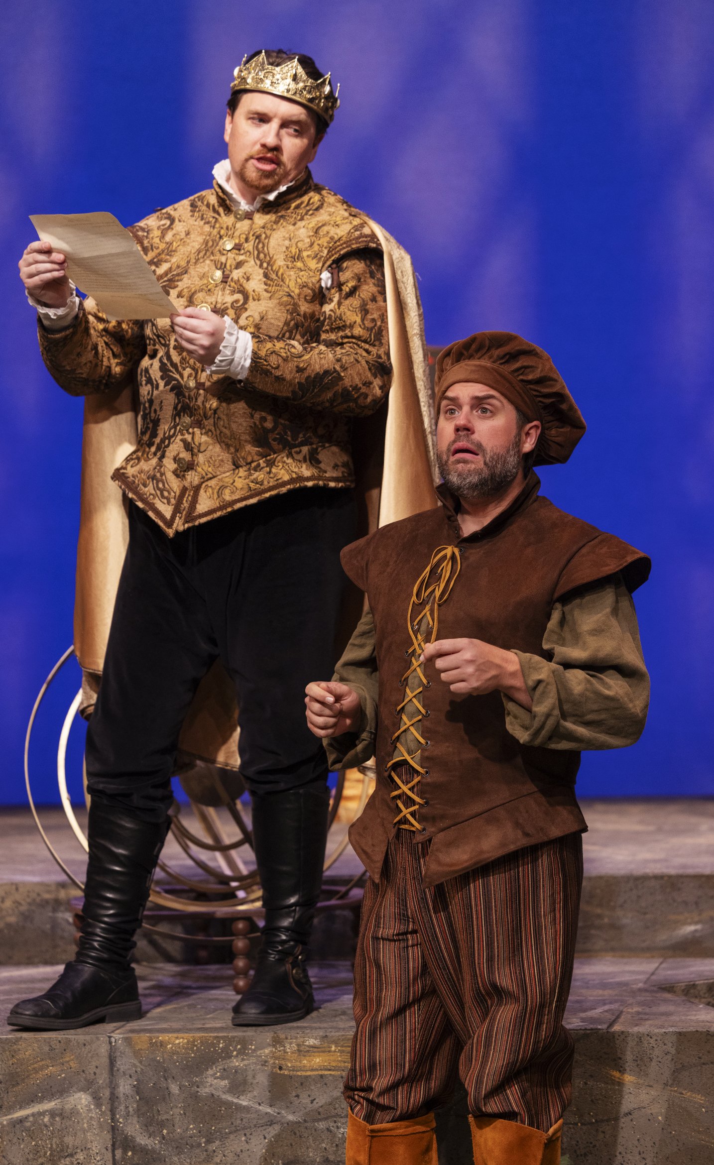 Aaron Shand as the King of Navarre and Evan Werner as Costard. Photo by Tim Fuller.