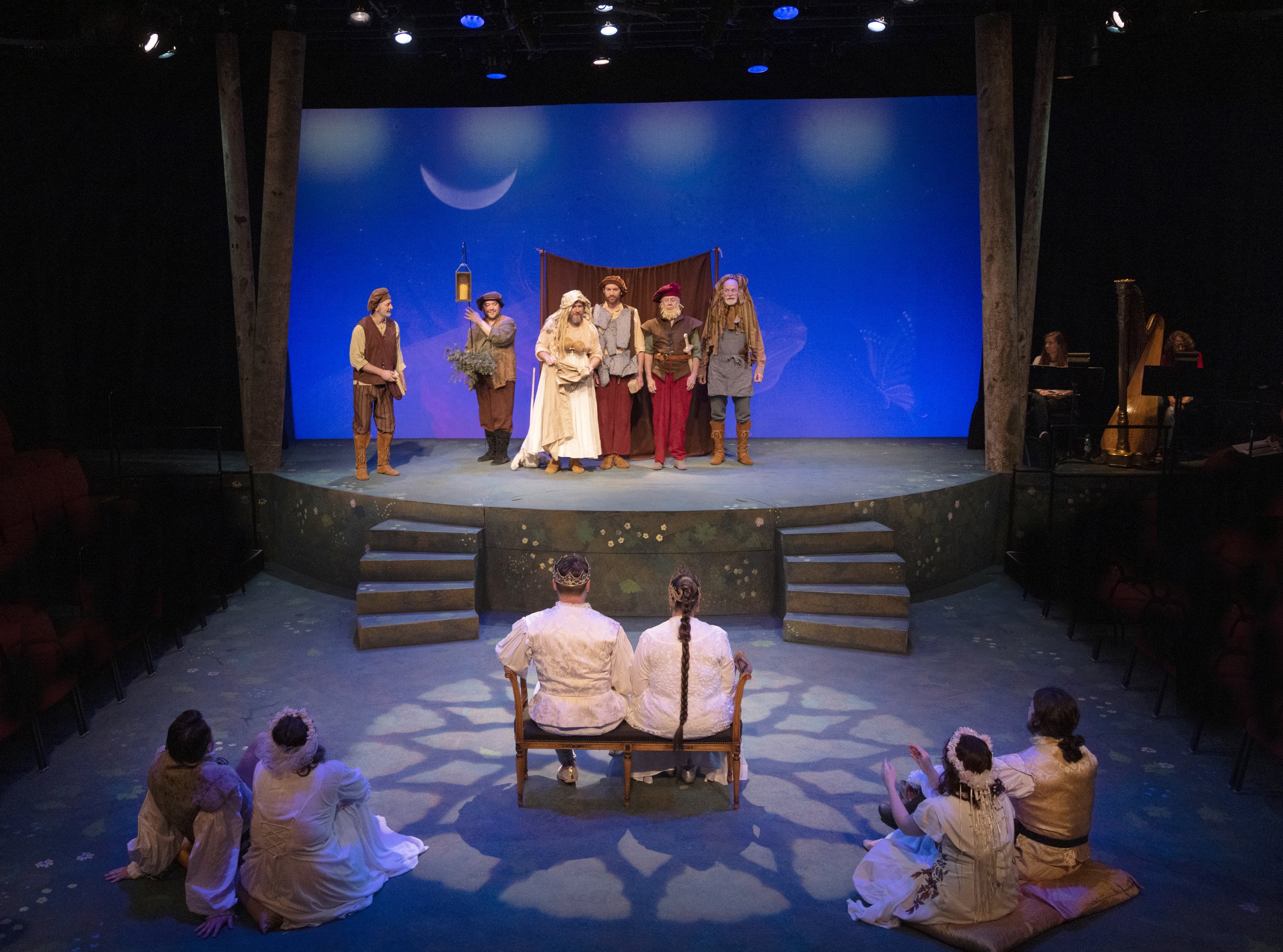 The Mechaincals perform "The Most Lamentable Comedy and Most Cruel Death of Pyramus and Thisbe" to Theseus, Hippolyta and the lovers. Photo by Tim Fuller.