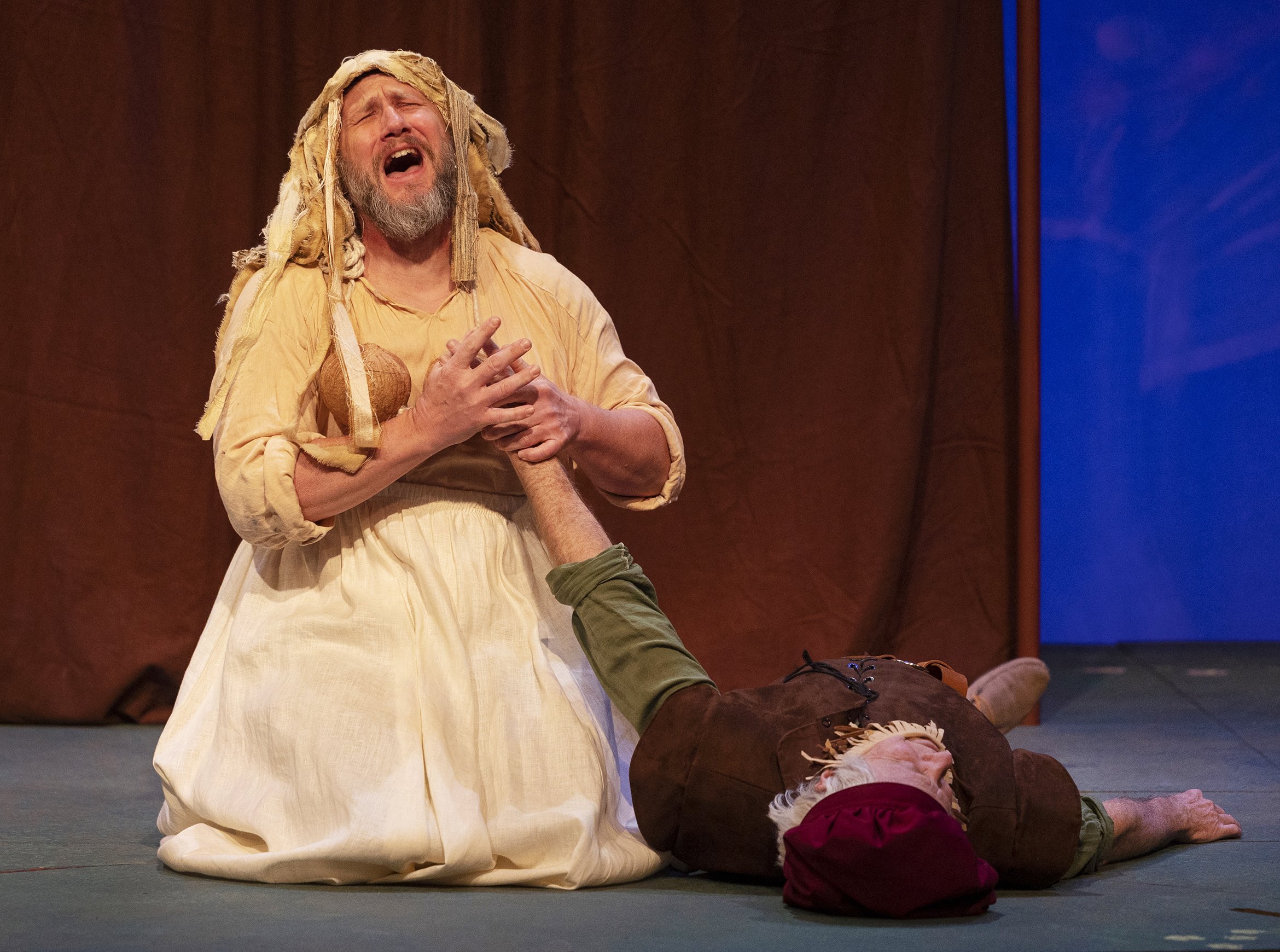 Thisbe mourns. Matt Walley as Francis Flute and Joseph McGrath as Nick Bottom portraying Thisbe and Pyramus. Photo by Tim Fuller.