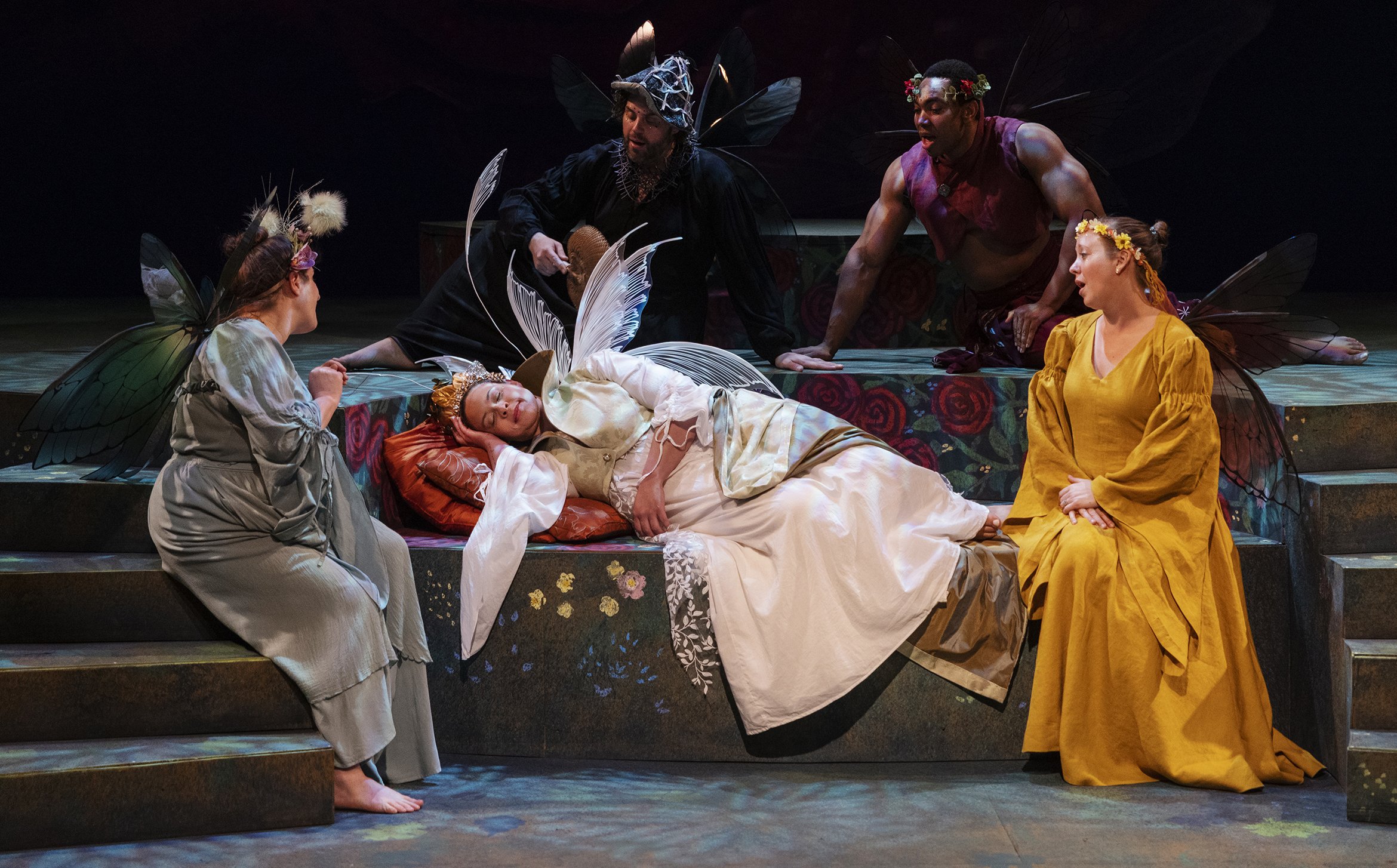 The Fairy Lullaby. Carley Elizabeth Preston as Titania with Julia Balestracci, Evan Werner, Jeffrey Baden and Kate Scally as the Fairies. Photo by Tim Fuller.