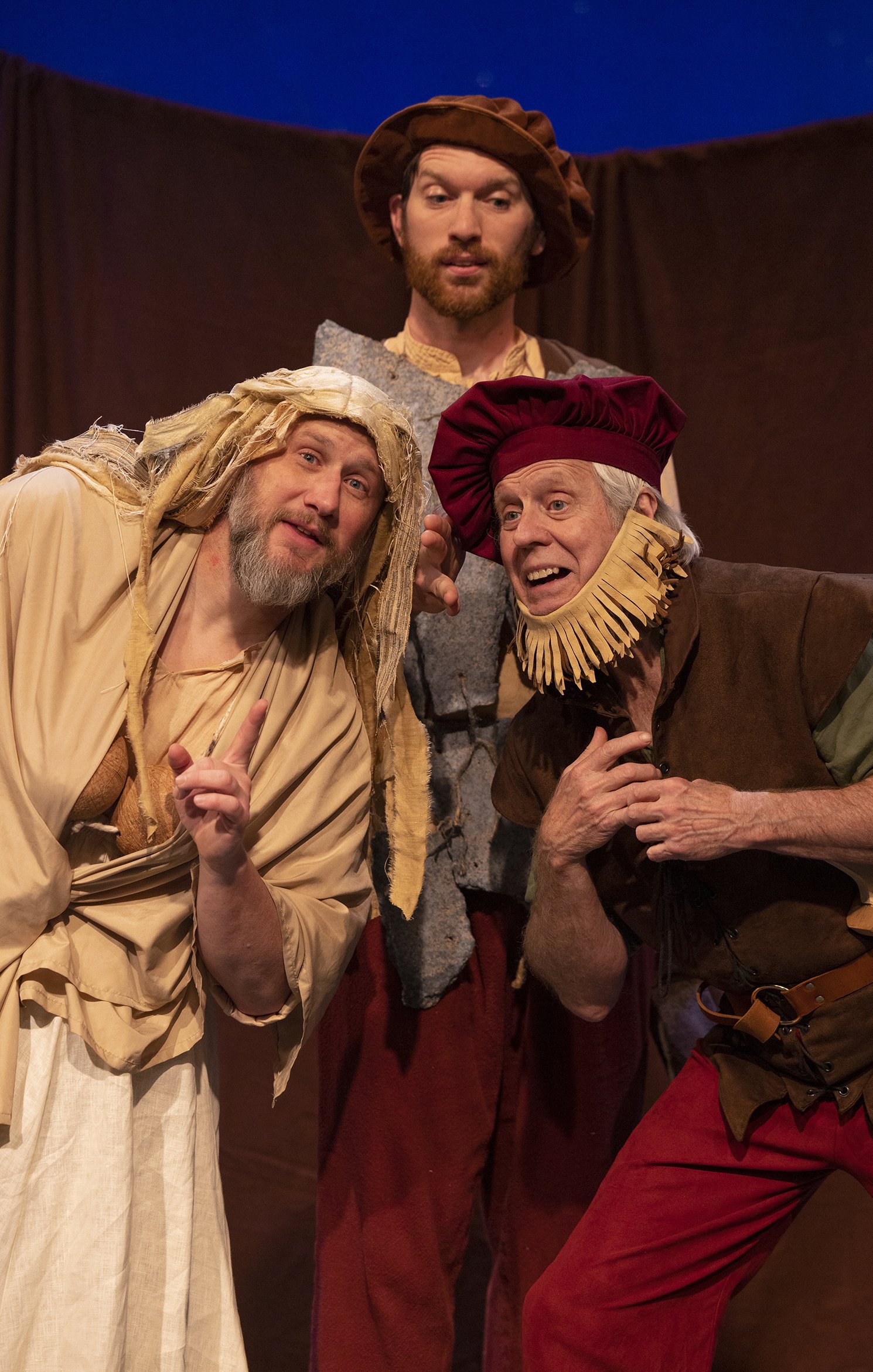 Matt Walley as Francis Flute, Christopher Pankratz as Tom Snout and Joseph McGrath as Nick Bottom portraying Thisbe, the Wall, and Pyramus. Photo by Tim Fuller.