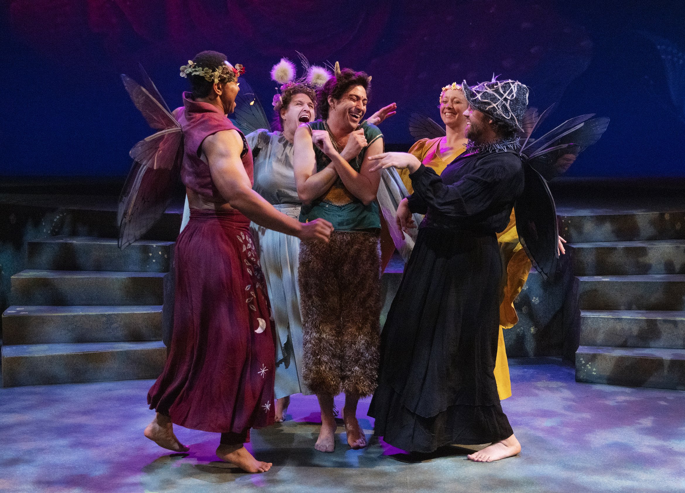 Puck and the Fairies. Jeffrey Baden as Peaseblossom, Julia Balestracci as Moth, Hunter Hnat as Puck, Kate Scally as Mustard Seed and Evan Werner as Cobweb. Photo by Tim Fuller.