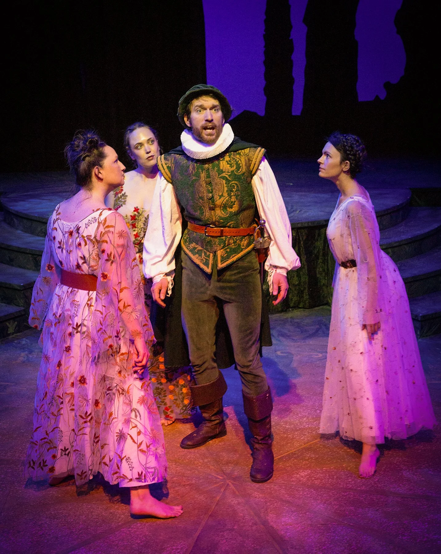Christopher Pankratz as Gonzala, with the spirits Shannon Elias as Ceres, Sophie Gibson-Rush as Ariel, and Chelsey Jean Smith as Iris. Photo by Tim Fuller ©2026