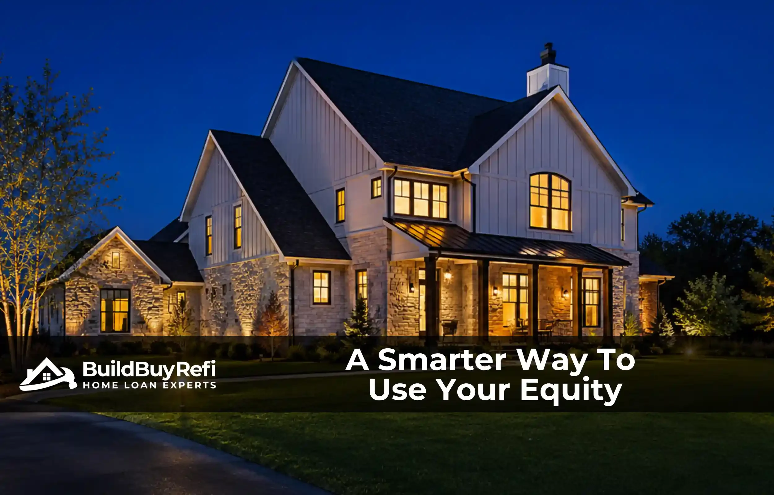 Home glowing at blue hour, capturing the value of choosing BuildBuyRefi.com for a cash-out refinance.
