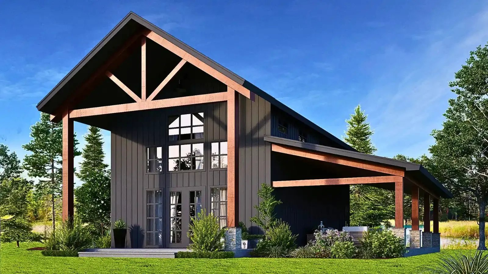 The Black Velvet, 2 Story Lofted Barndominium Studio Structure with side deck as a guest house or second home by ModularHome.com and up to 100% financing by Build Buy Refi Home Loans.