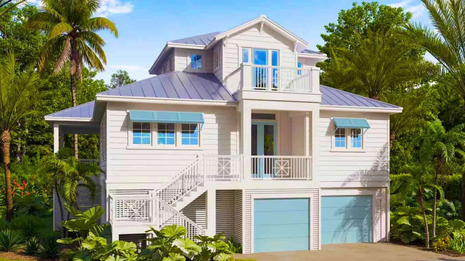 3-story custom home, first level garage with piers, white and baby blue accented garage doors & pop out sun shades, covered front porch, 3rd floor master deck, metal roof, beautiful landscaping rendered. Financed by BuildBuyRefi.com