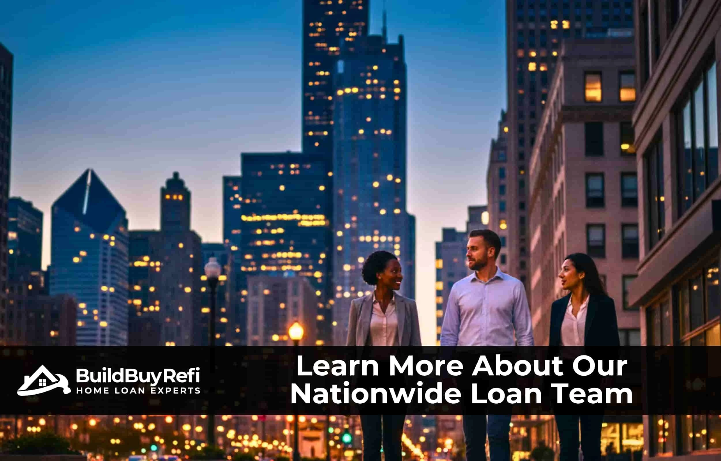 Image of BuildBuyRefi.com Bankers walking in downtown Chicago at Sunset having a conversation, you see the streetlights and high rises in the backdrop