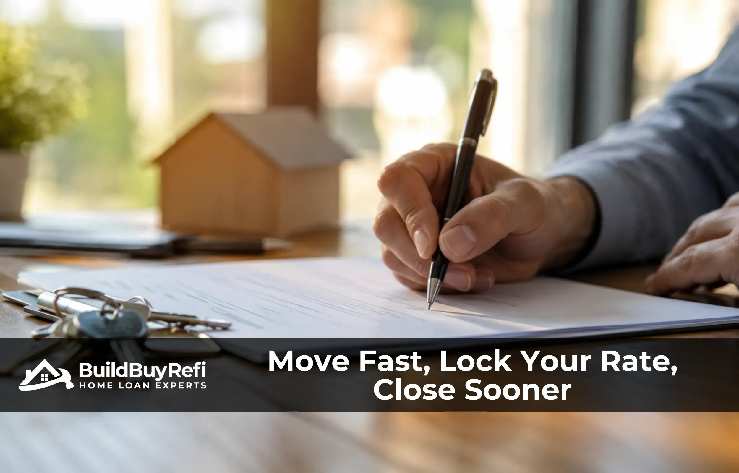 Borrower signing cash-out refinance closing documents with keys nearby, showing the fast closing process at Build Buy Refi Home Loans.