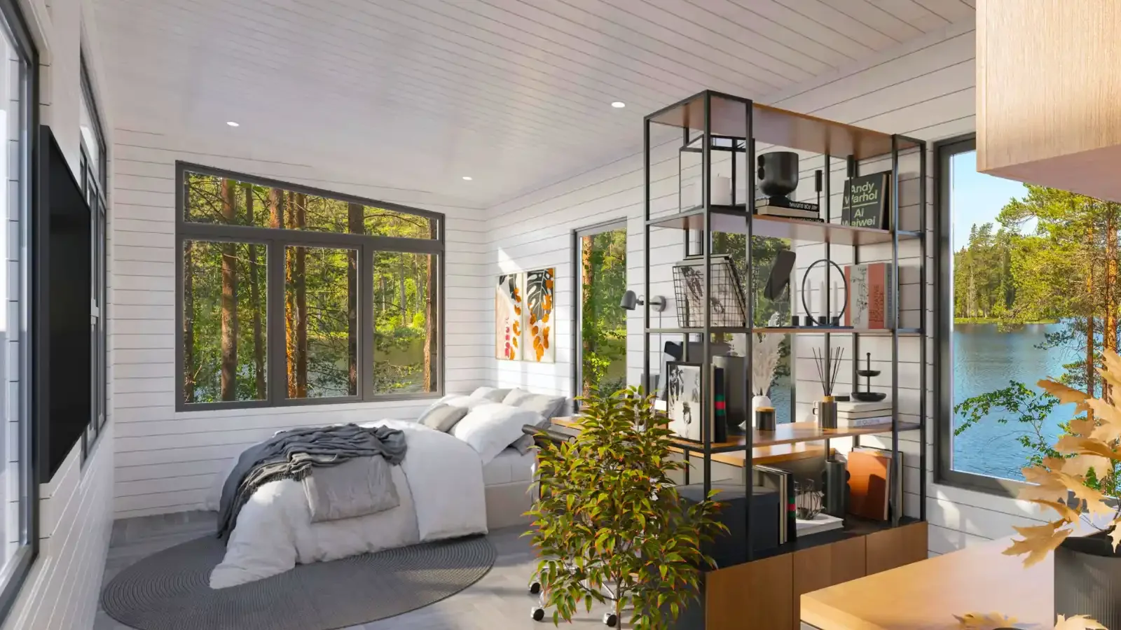 White Studio style interior of an ADU (Accessory Dwelling Unit) Mother-in-Law Quarters, Granny Flat, Cabin Style Tiny Home offered by ModularHome.com, with financing by BuildBuyRefi.com consumer financing.