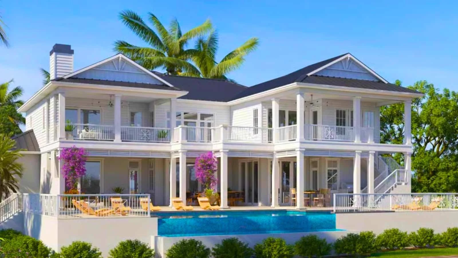 A beautiful multi family home semi victorian with center pool, custom designed by Glades & Bay Construction, white siding, up and down covered porches, beautiful infinity pool, great landscaping, financed by BuildBuyRefi.com