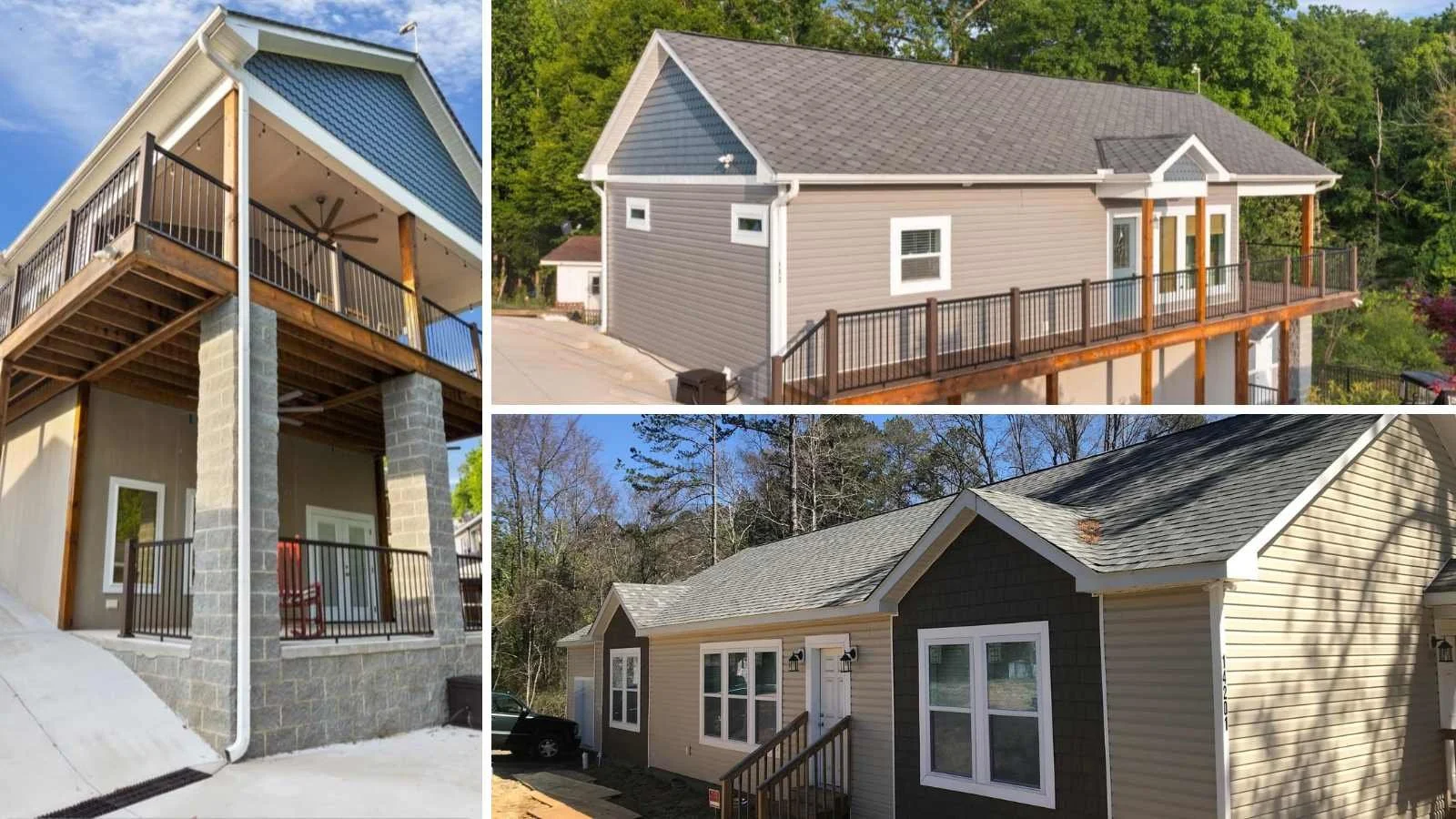 3 image collage of different exteriors from two level to single story homes designed and installed by Streamline Modular Homes LLC of North Carolina, a registered builder with BuildBuyRefi.com
