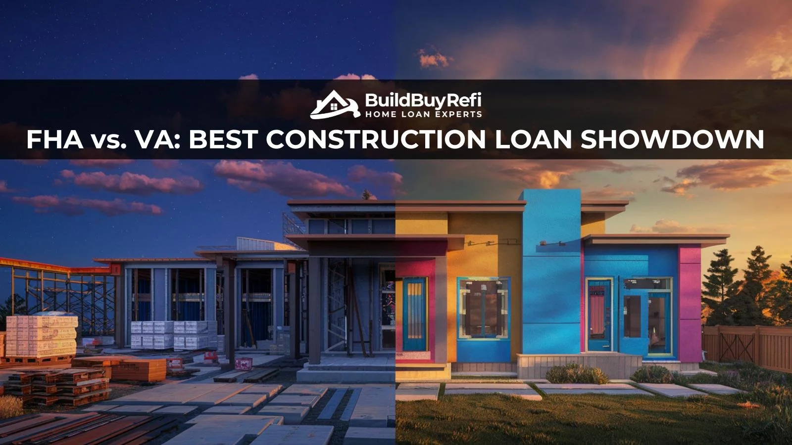 Learn the difference between an FHA and VA Construction loan with Build Buy Refi Home Loans. Split image with left side partial construction home, right side, fully complete build-out.