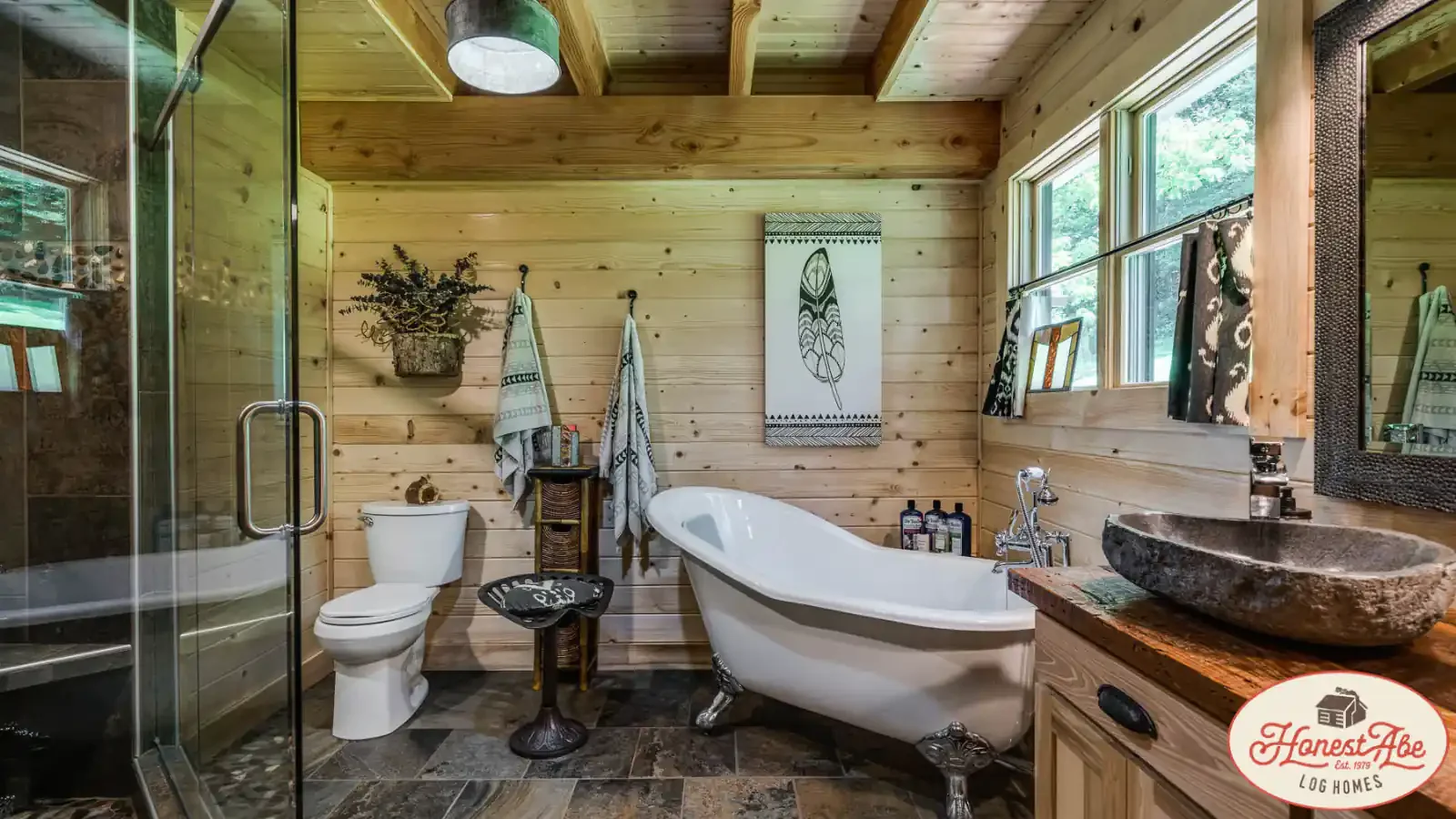 Custom Honest Abe Log Home Master Bathroom, Stand up Glass Surround Walk-In Shower, Clawfoot Tub, Stone Wash Basin, financing up to 100% with BuildBuyRefi.com