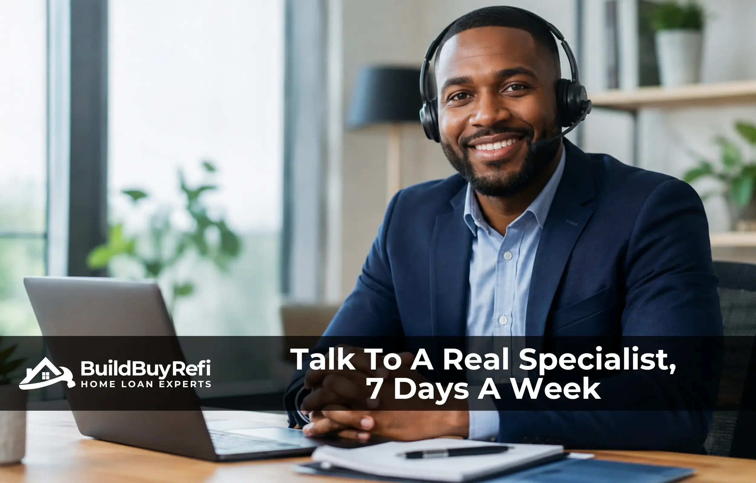 Friendly cash-out loan specialist with a headset ready to help, representing the 7-day support team at Build Buy Refi Home Loans.