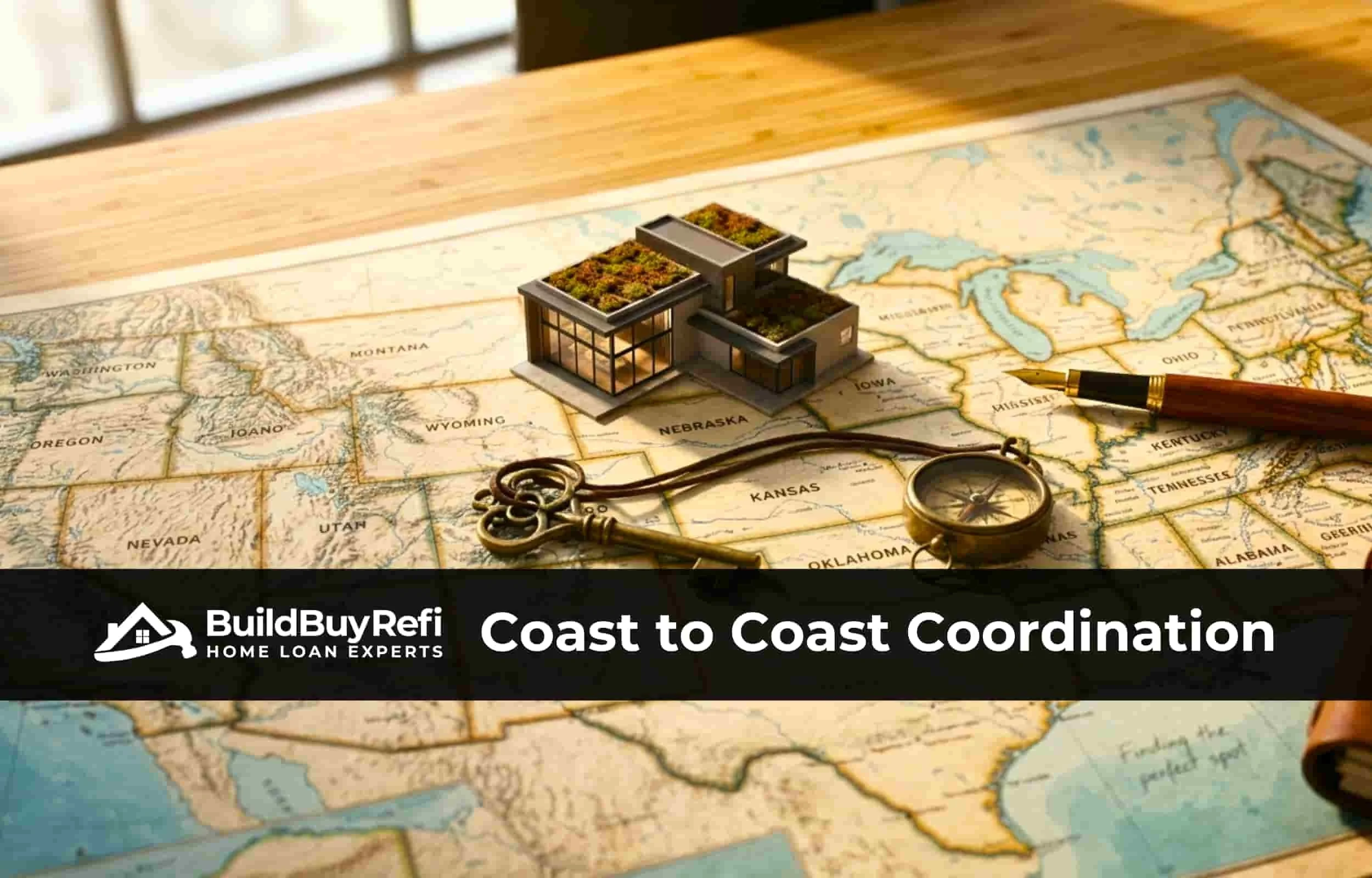 Close up image of a map of the United States with a compass, a house key, a fountain pen, and a small model home, representing that BuildBuyRefi.com offers Down Payment Assistance programs in all 50 states.