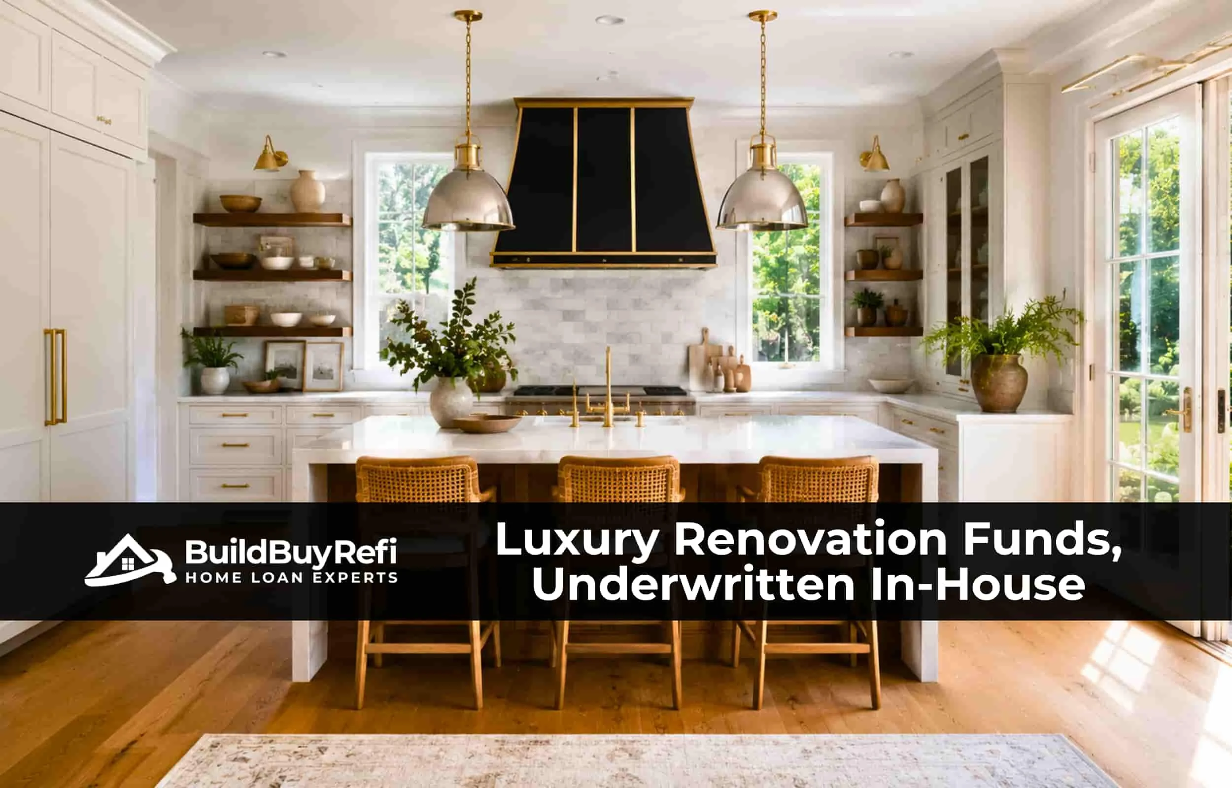 Freshly renovated luxury kitchen with quartz waterfall island and brass fixtures, illustrating jumbo renovation mortgage financing from BuildBuyRefi.com.