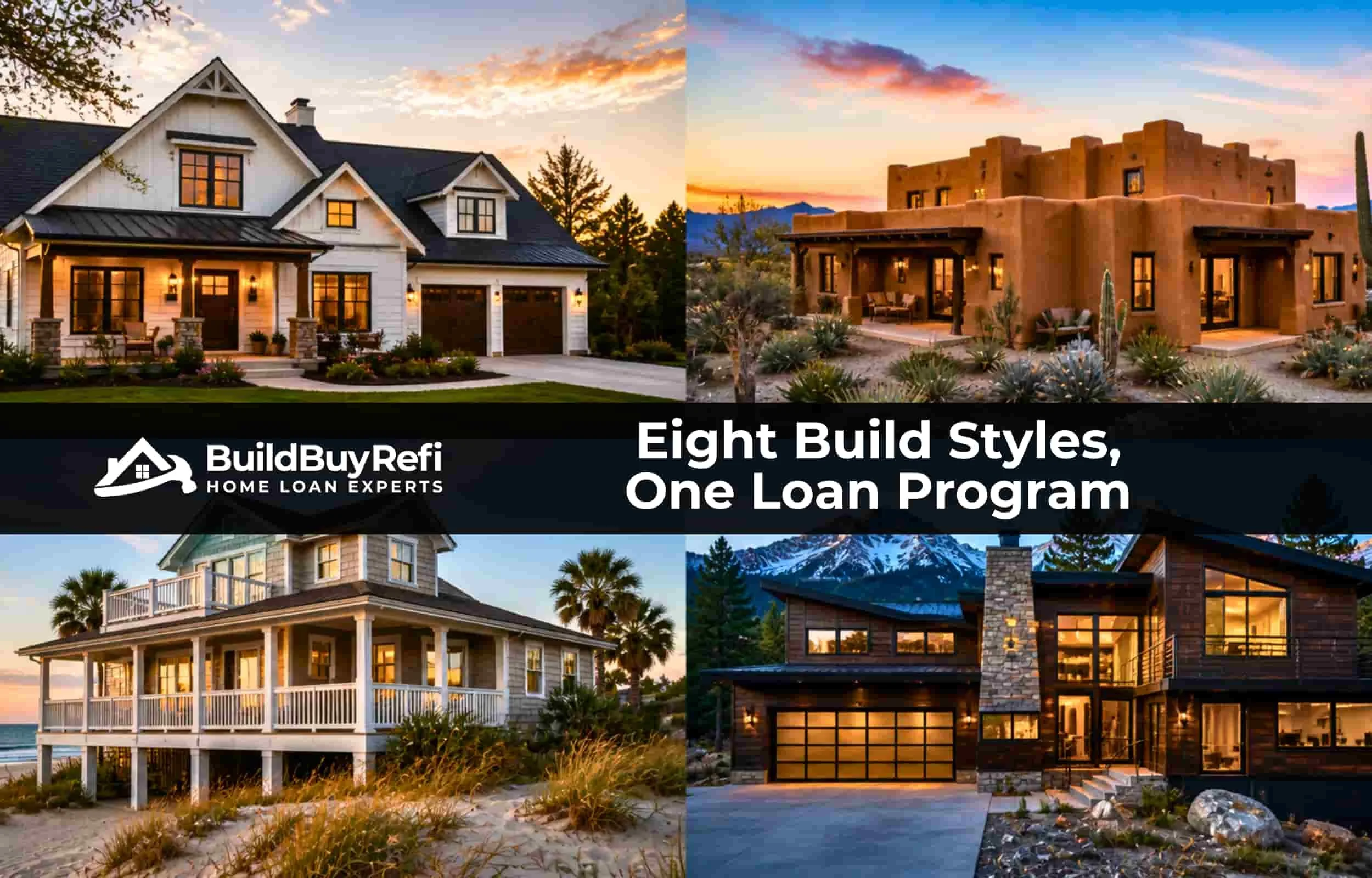 4 Image collage for 4 of 8 home styles, a Craftsman Home, timber frame, 3D printed home, and Modular beach home, all different property styles represented by the BuildBuyRefi ITIN construction loan program up to 85% LTV.