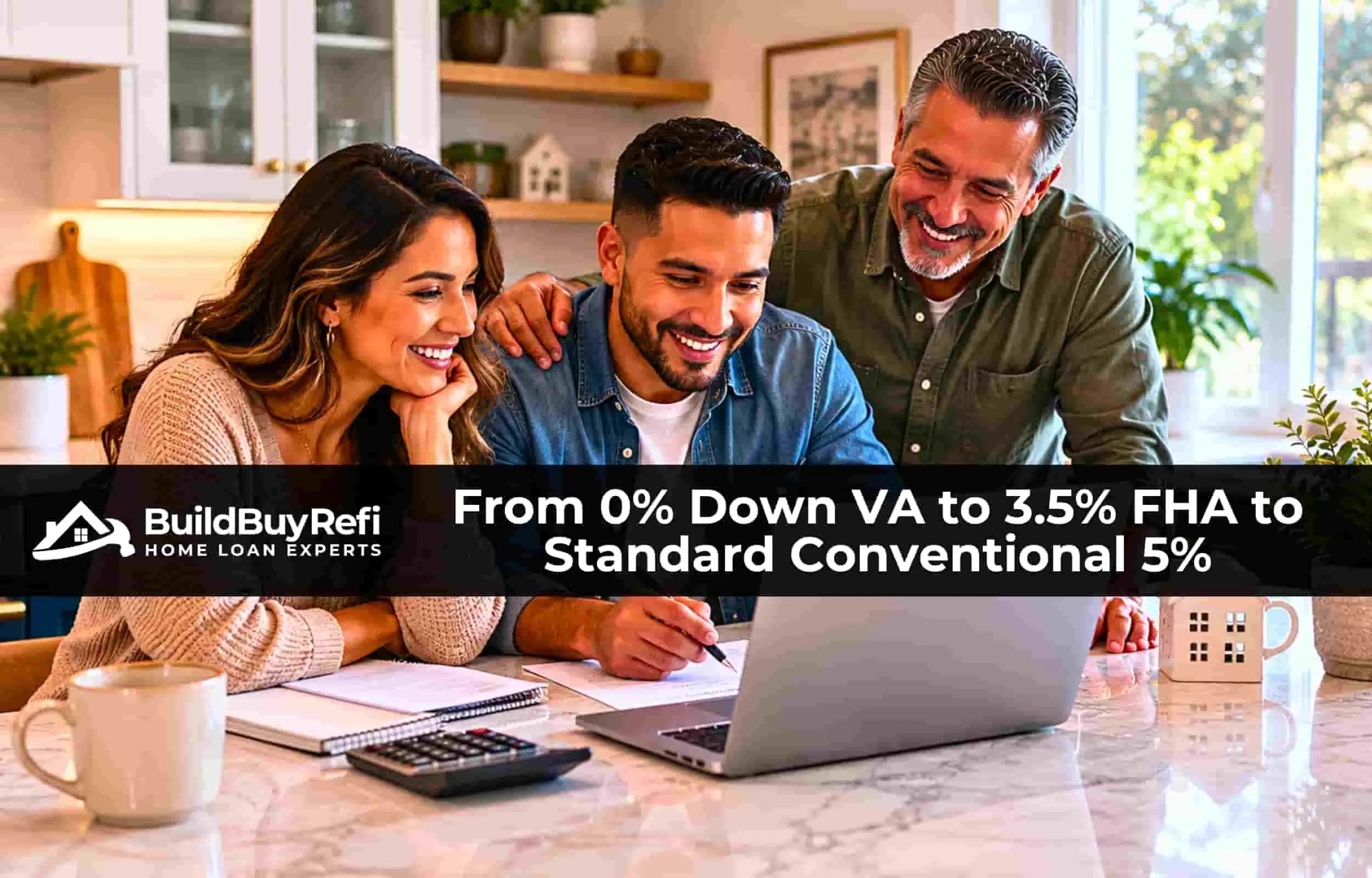 Multi-generational family reviewing down payment options at a kitchen island — BuildBuyRefi.com 2026 down payment requirements by program.