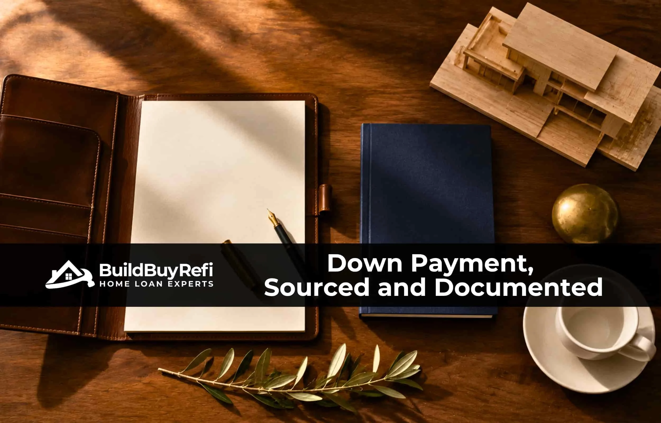 Overhead flat-lay of a walnut desk with leather portfolio, fountain pen, and architectural home model, representing jumbo mortgage down payment planning at BuildBuyRefi.com.