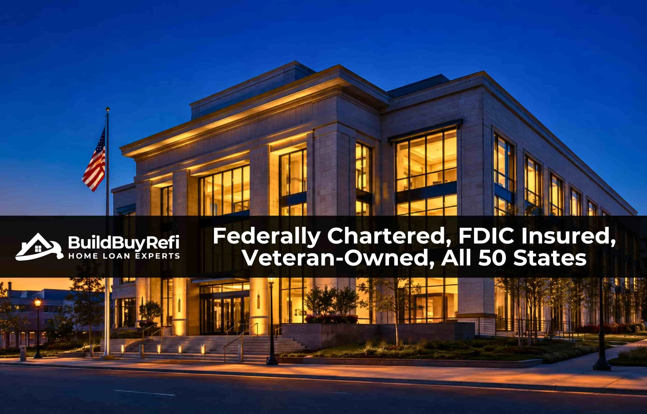Federally chartered institutional headquarters building at blue hour representing the trust and stability behind BuildBuyRefi.com, powered by The Federal Savings Bank, NMLS# 411500.