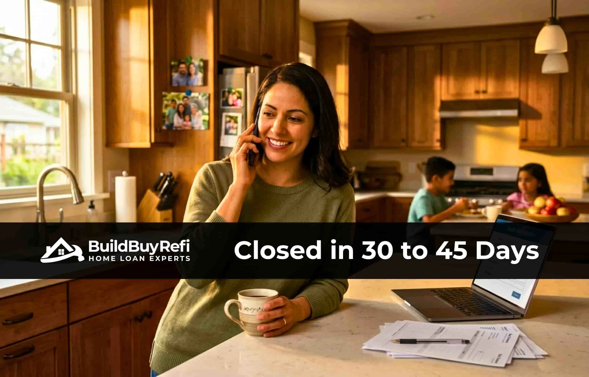 Image of Hispanic mother in kitchen with computer, documents, talking on phone holding cup of coffee, while her son and daughter eat at table behind her, discussing fast closing on BuildBuyRefi ITIN Home Loan 6 stage process.