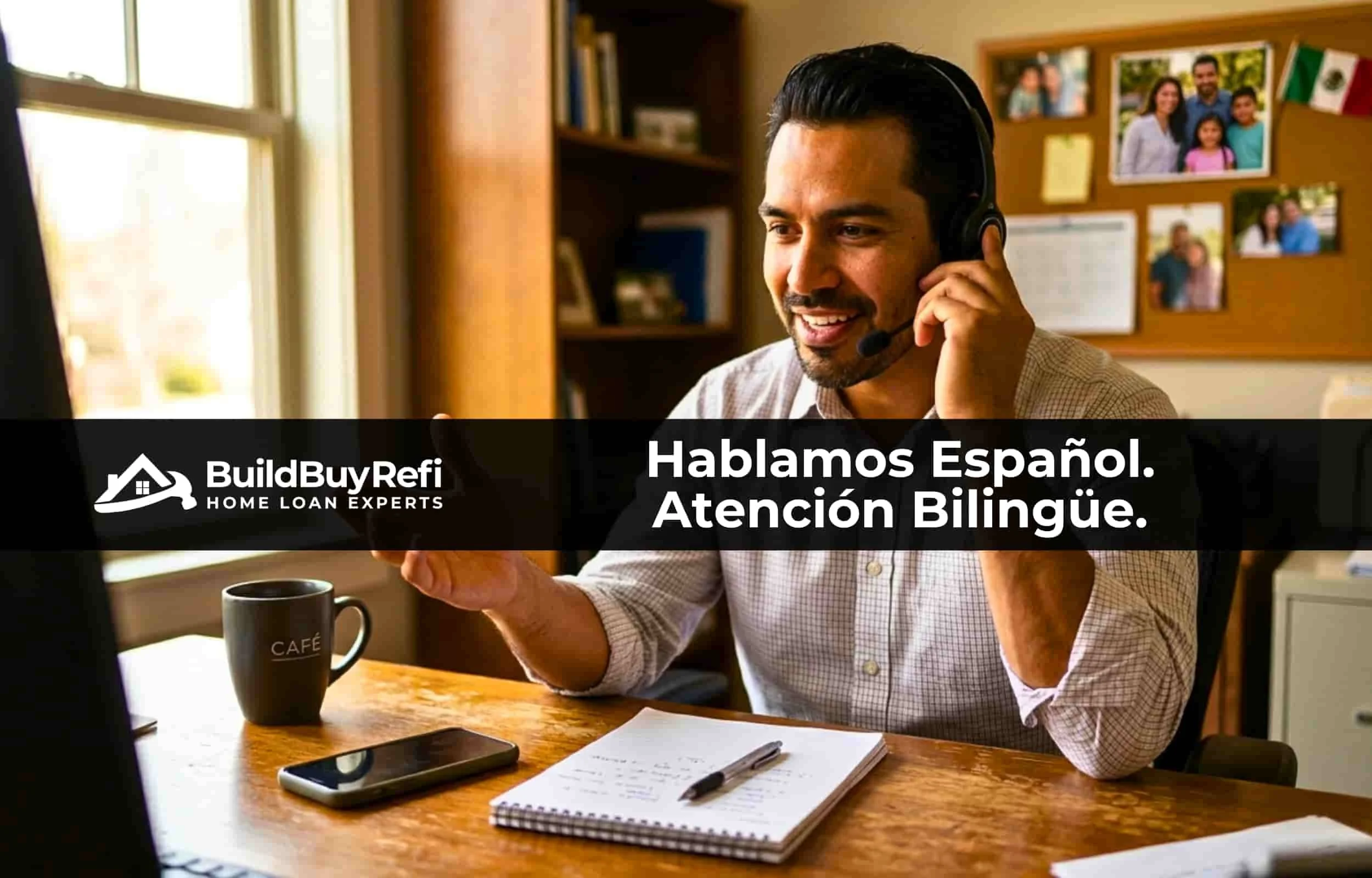 A male hispanic BuildBuyRefi Home Loans ITIN Mortgage Banker sitting at his office desk with note pad, coffee cup, phone, infront of computer, talking on a headset to a borrower, with family photos behind him.