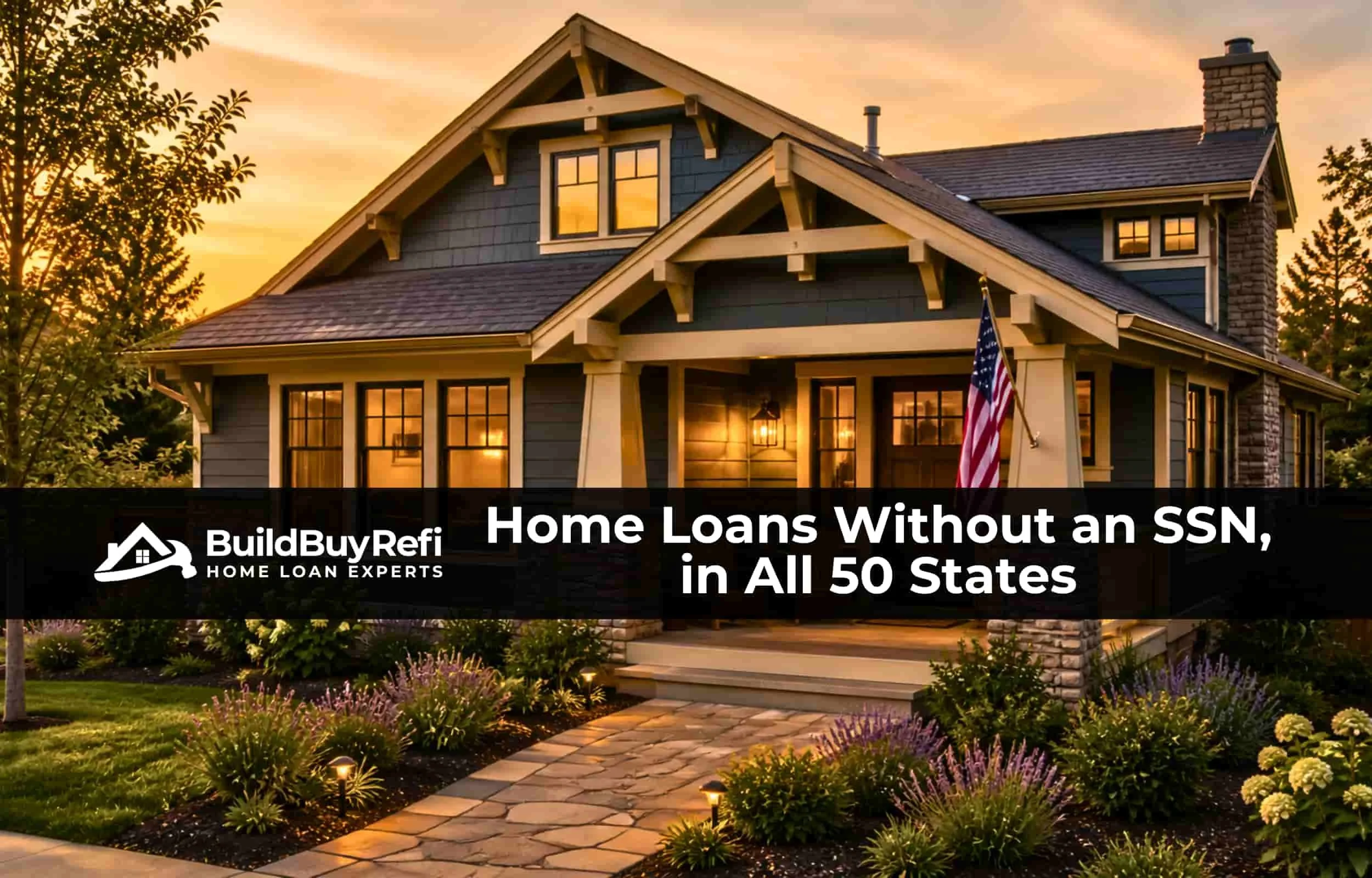 A beautiful Blue Sided two-story Craftsman home with pillars and American Flag, over strone, with a stone walkway, gorgeous landscaping, representing ITIN loans by BuildBuyRefi Home Loans in all 50 states.