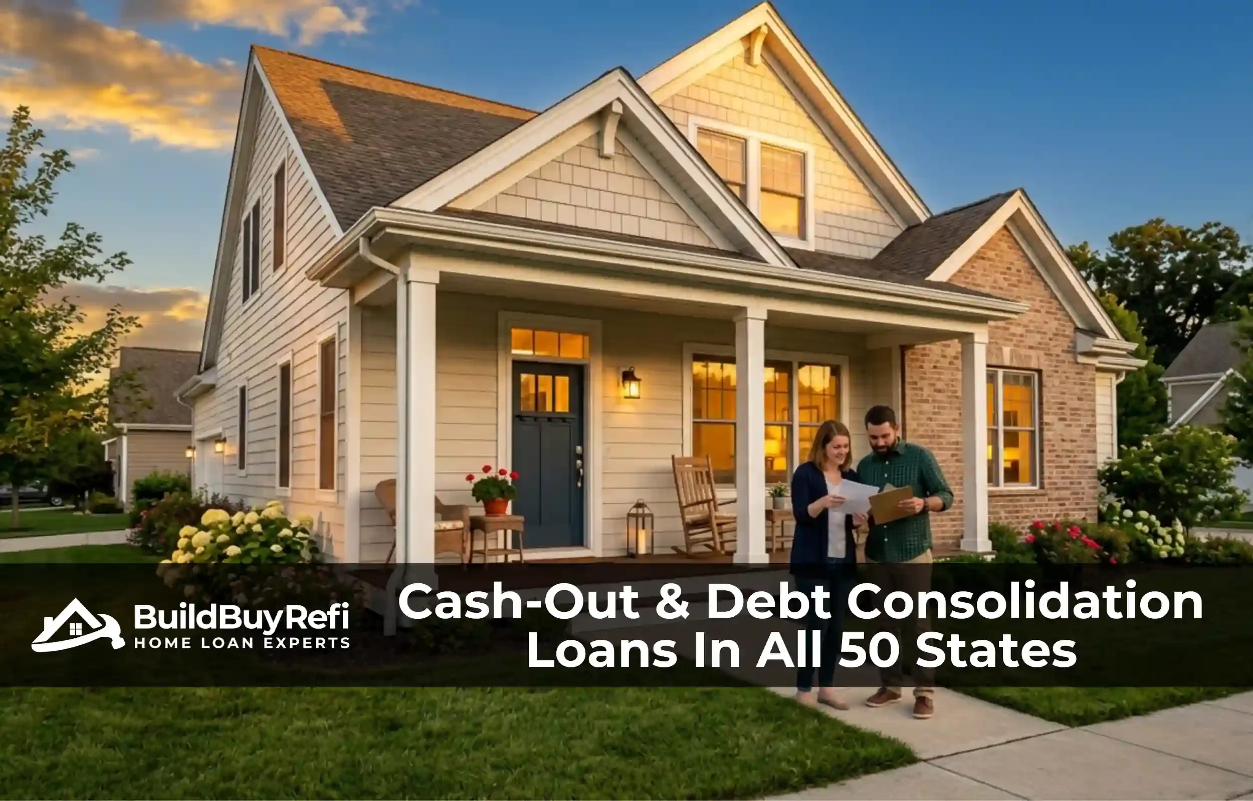Couple reviewing cash-out refinance paperwork on their home's porch at golden hour, representing nationwide lending from BuildBuyRefi.com.