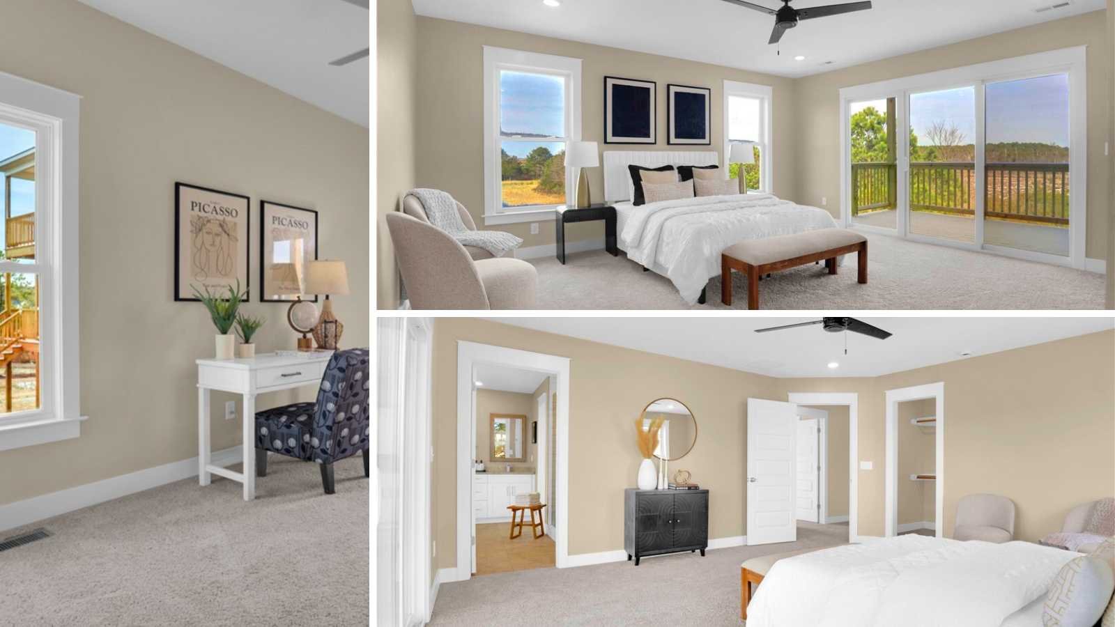 A 3 image collage of different bedroom interiors, a master bedroom with on-suite master bath, another view with a private walkout deck, another with a bedroom home office area, built by Almond Exteriors of Virginia.